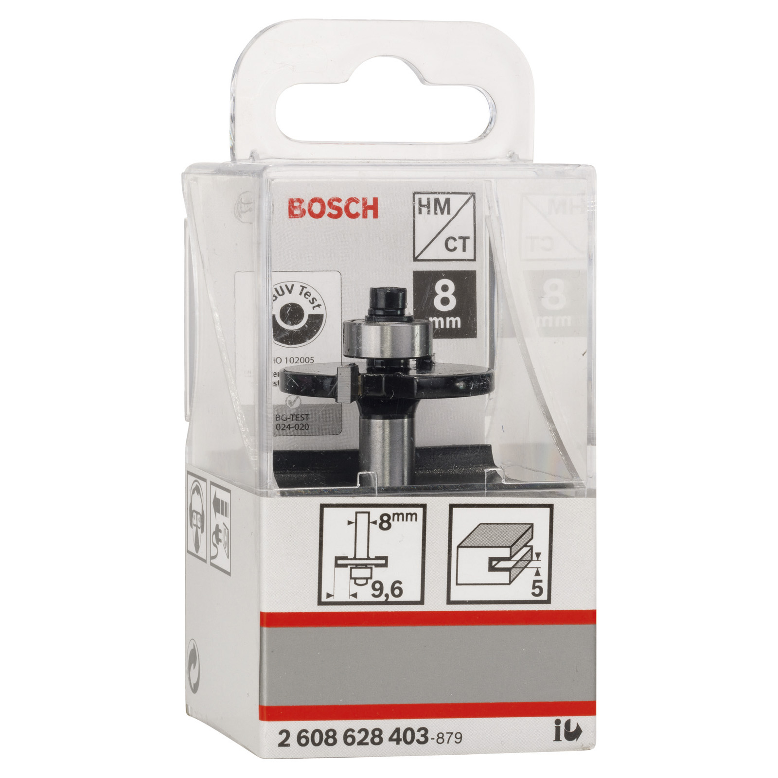 Una fresa Bosch in una confezione di plastica trasparente. La confezione presenta informazioni sul prodotto.
