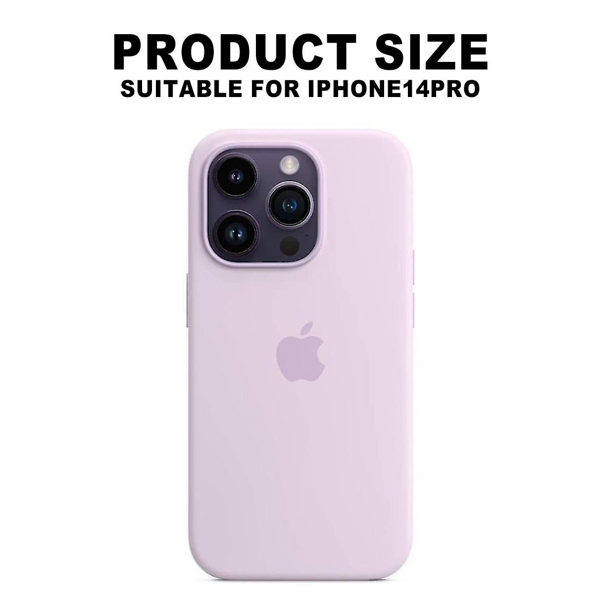 Eine hellviolette iPhone 14 Pro Hülle mit dem Apple-Logo. Die Hülle ist von einem weißen Hintergrund mit dem Text PRODUKTGRÖSSE umgeben.