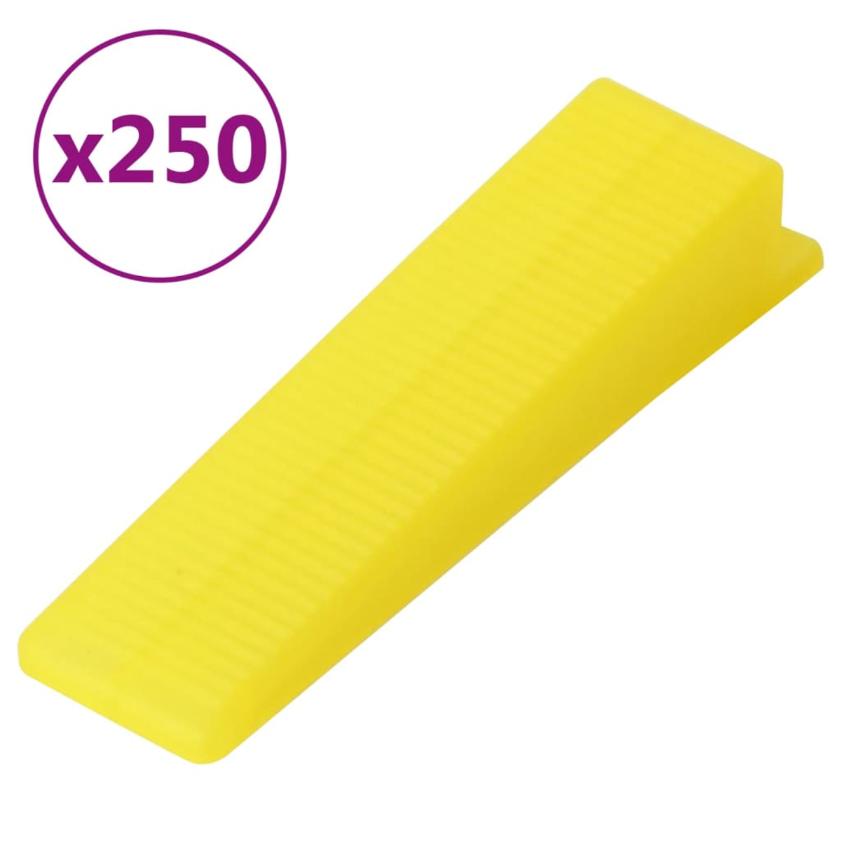 Ein gelber Kunststoffkeil auf weißem Hintergrund, mit dem Text 'x250' in einem lila Kreis oben links.