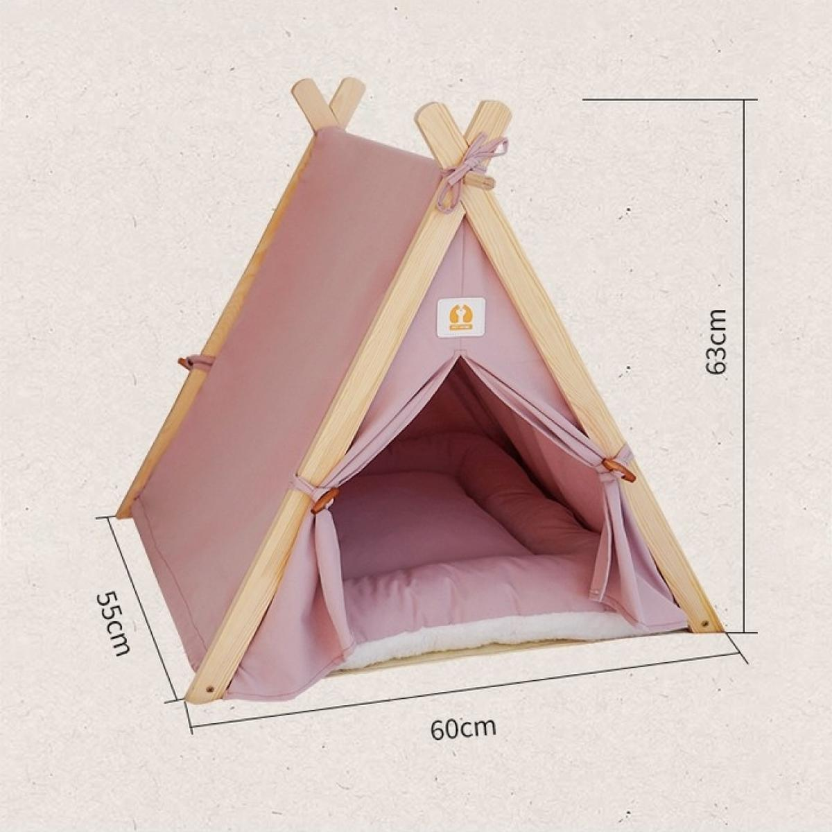 Ein rosa Haustierbett im Tipi-Stil mit Holzrahmen, Maße beschriftet. Mit Kissen innen und Logo. Maße: 63 cm, 55 cm, 60 cm.