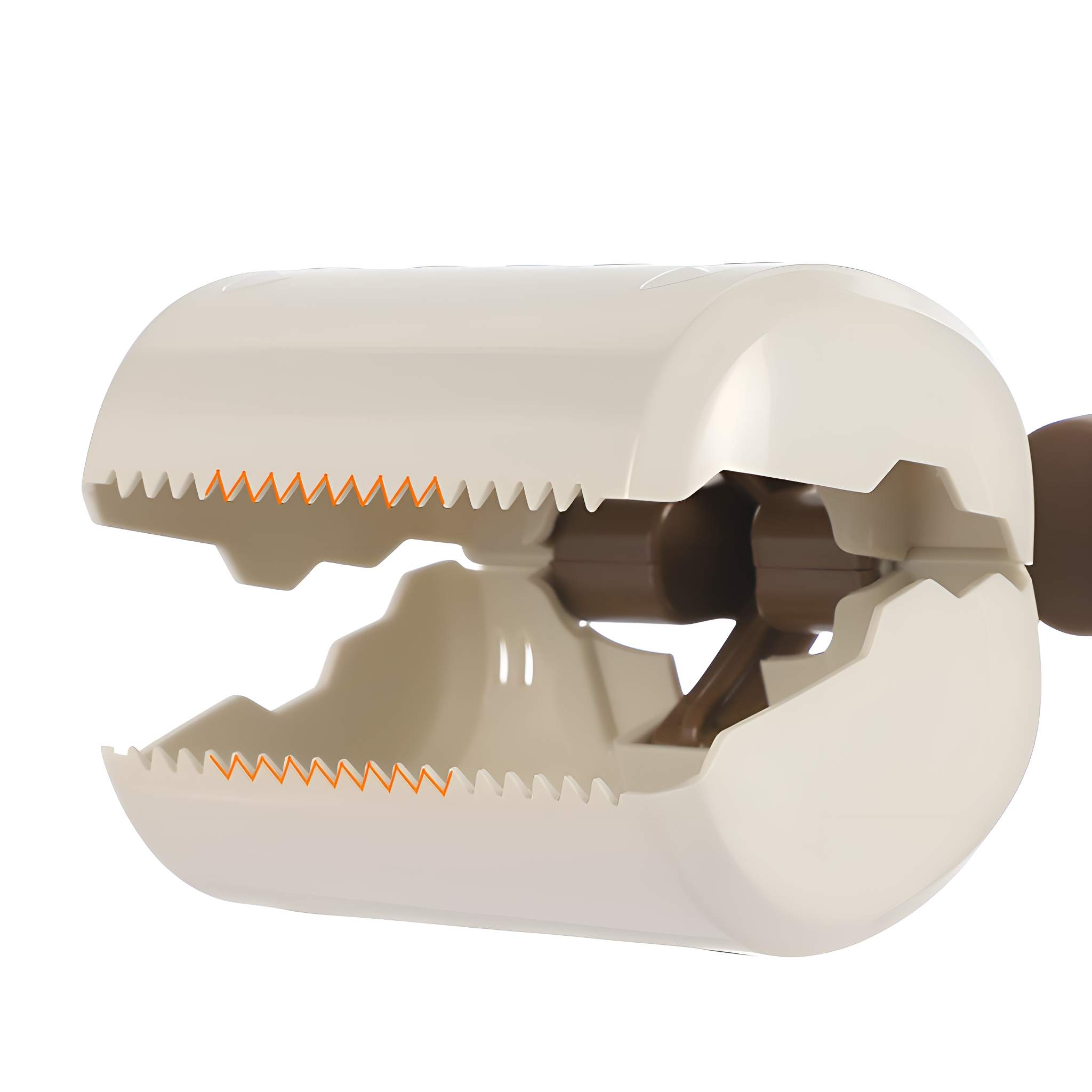 Creme-farbene Plastikzange mit gezackten, orangefarbenen Kanten. Ein brauner Griff ist sichtbar.