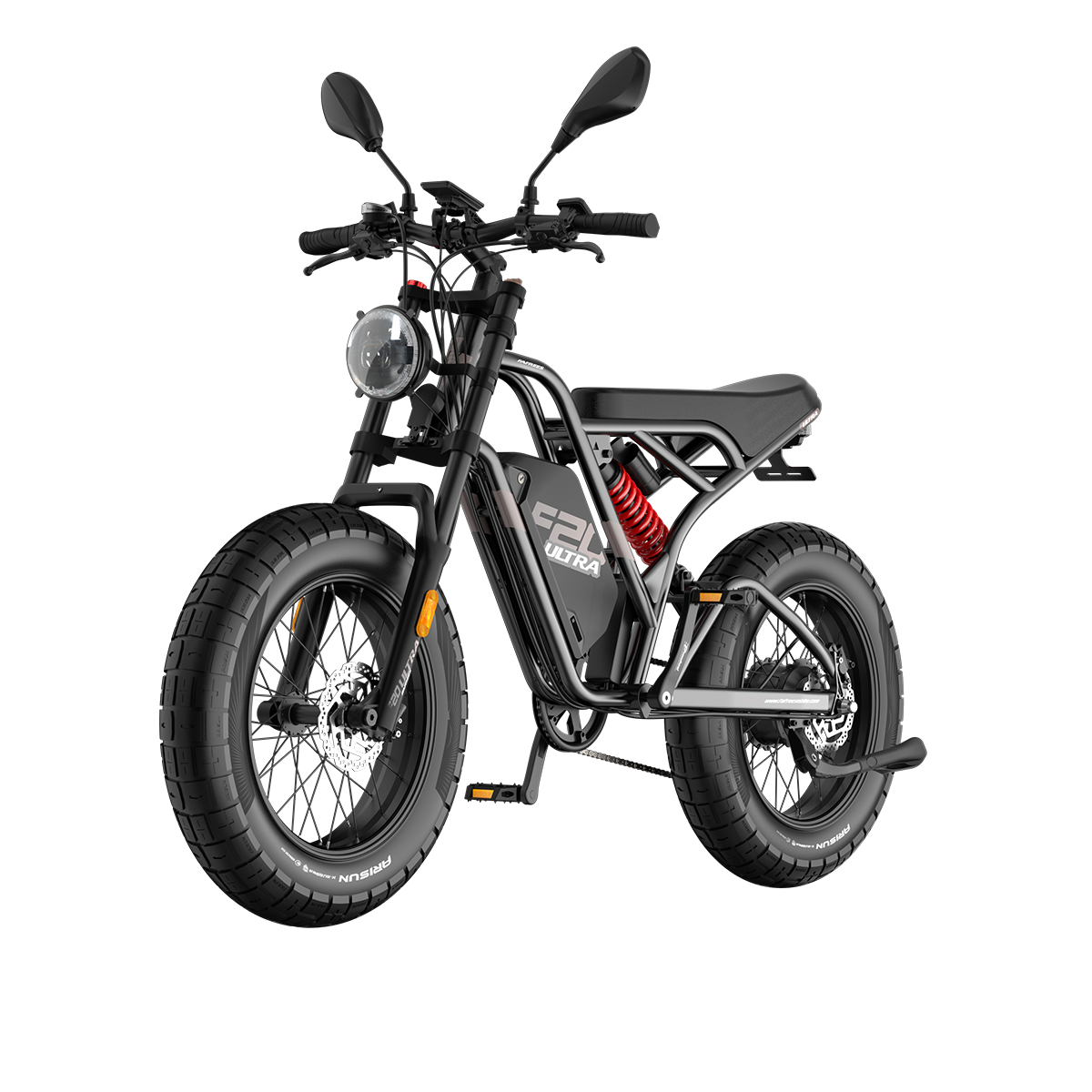 Schwarzes Elektrofahrrad auf weißem Hintergrund. Merkmale sind ein runder Scheinwerfer, schwarze Reifen, eine rote Feder und ein schwarzer Sitz.
