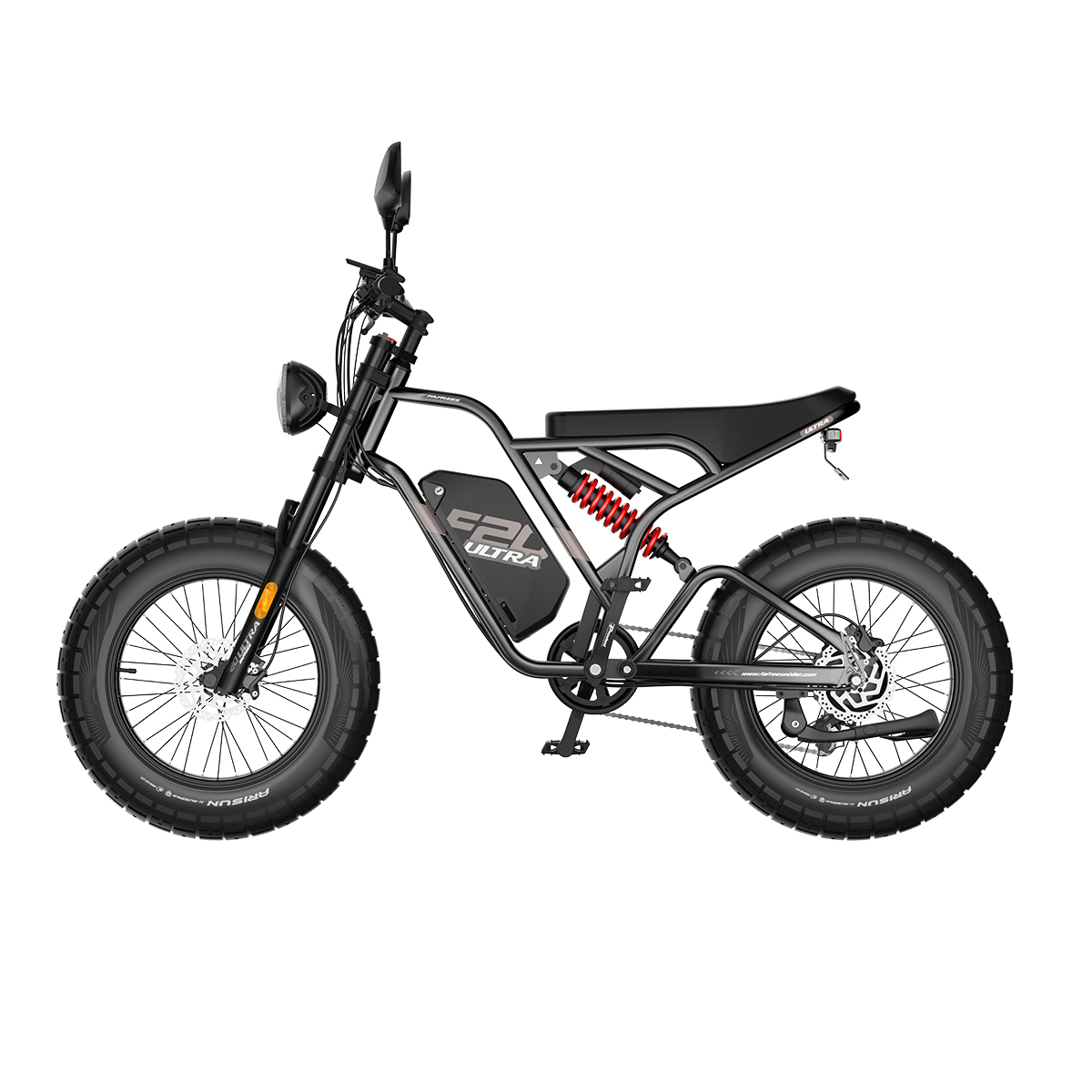 Schwarzes Elektrofahrrad F2U Ultra. Es hat dicke Reifen, einen schwarzen Rahmen, einen schwarzen Sitz und rote Stoßdämpfer. Das Fahrrad ist auf weißem Hintergrund isoliert.
