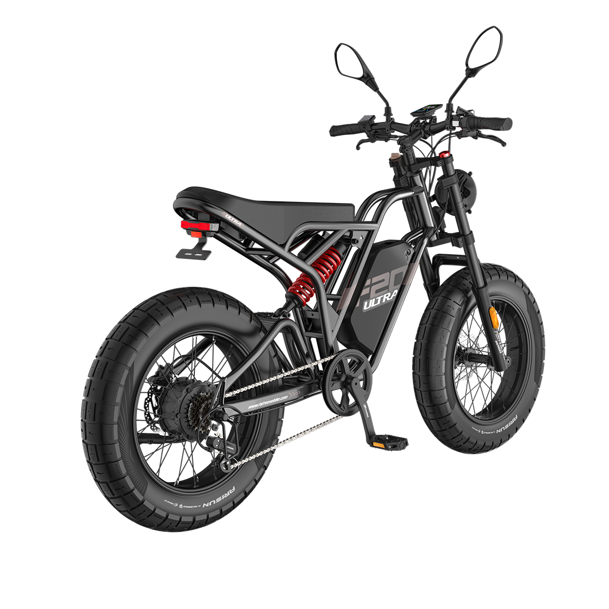 Ein schwarzes Elektrofahrrad, Modell F20 Ultra. Es hat dicke Reifen, einen schwarzen Rahmen, einen roten Stoßdämpfer und einen schwarzen Sitz.