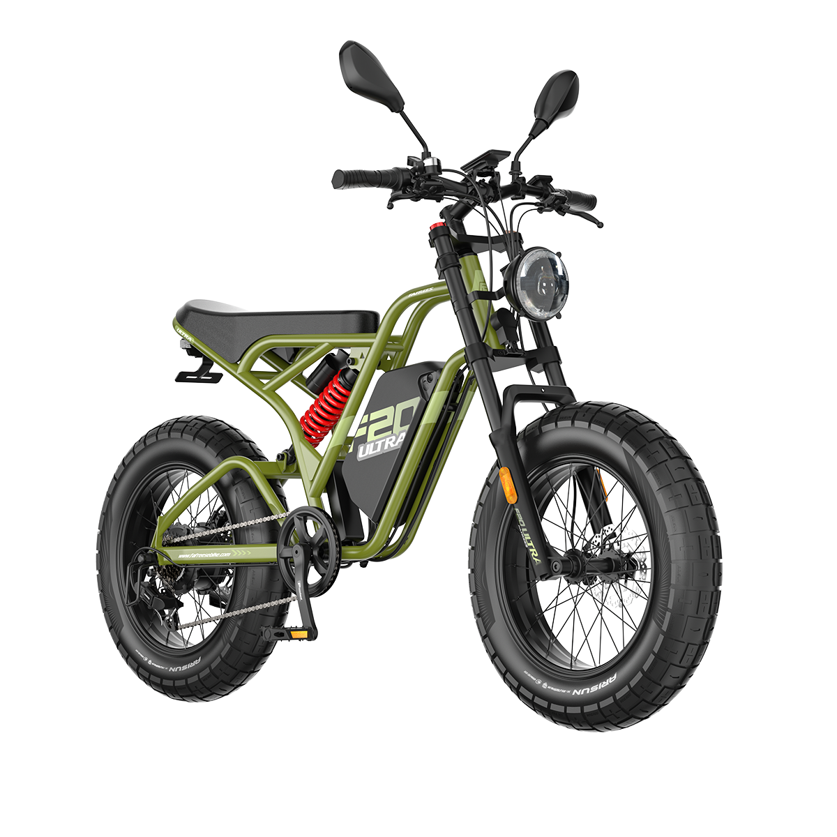 Ein olivgrünes Elektrofahrrad, schwarze Reifen, Sitz und Lenker. Roter Stoßdämpfer. Scheinwerfer und Spiegel sind sichtbar.