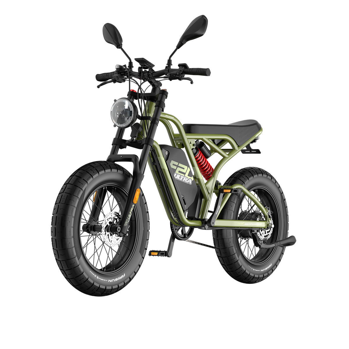 Ein E-Bike mit grünem Rahmen, schwarzen Reifen und Sitz, rotem Stoßdämpfer und Scheinwerfer. Das Fahrrad ist auf weißem Hintergrund isoliert.