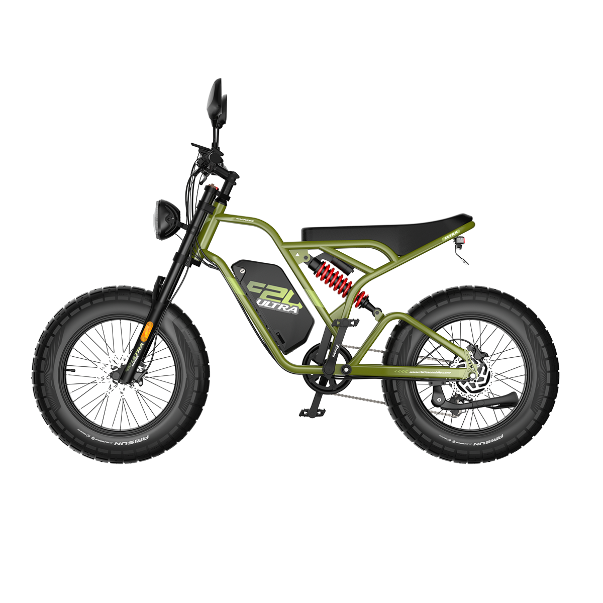 Ein olivgrünes Elektrofahrrad. Es hat einen schwarzen Sitz, Reifen und Akku. Die Federung ist rot. Die Marke ist 'G21 ULTRA'.