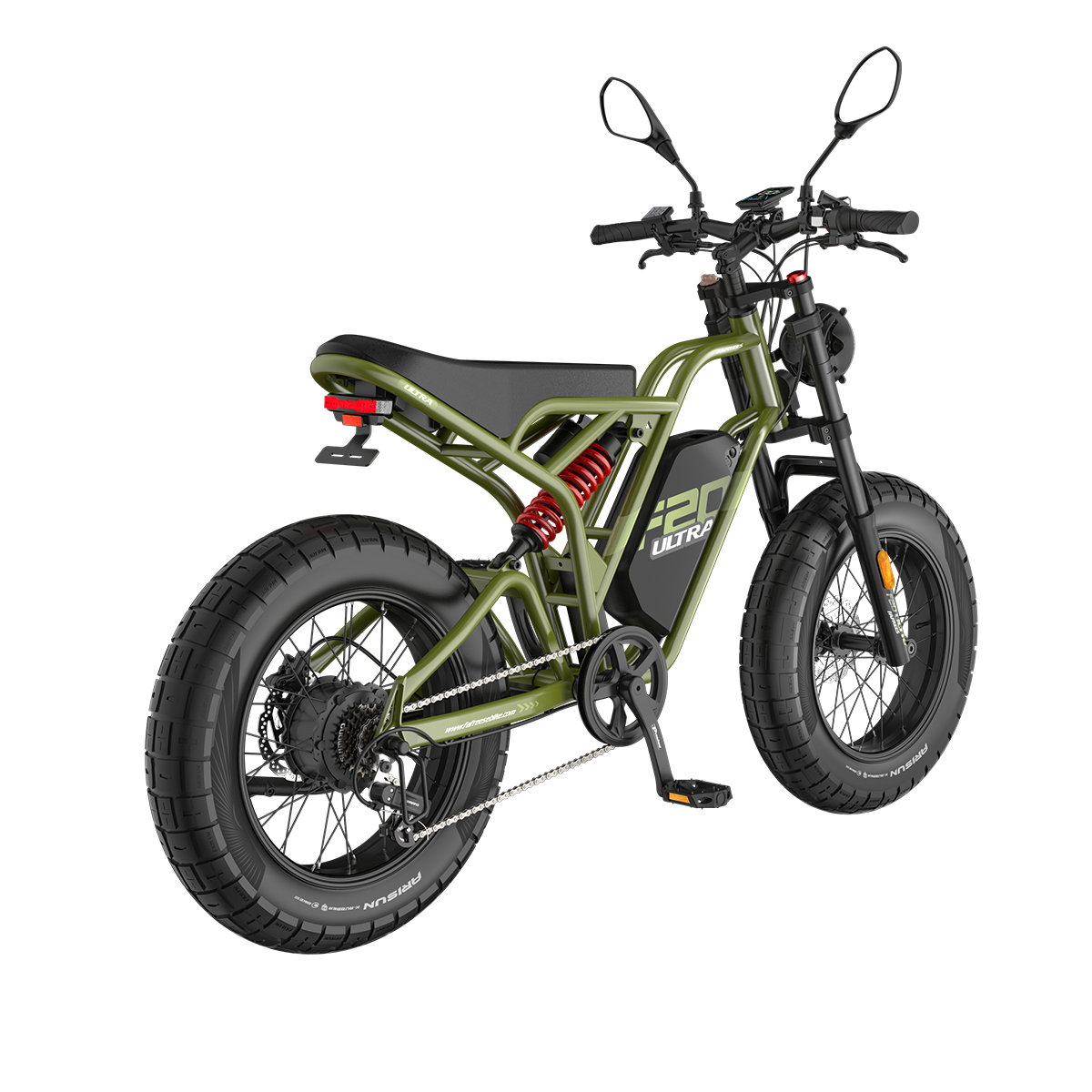 Grünes Elektrofahrrad mit schwarzen Reifen, Federung und Sitz. Mit Spiegeln, Lichtern und einem Akku mit der Aufschrift 'F20 ULTRA'.