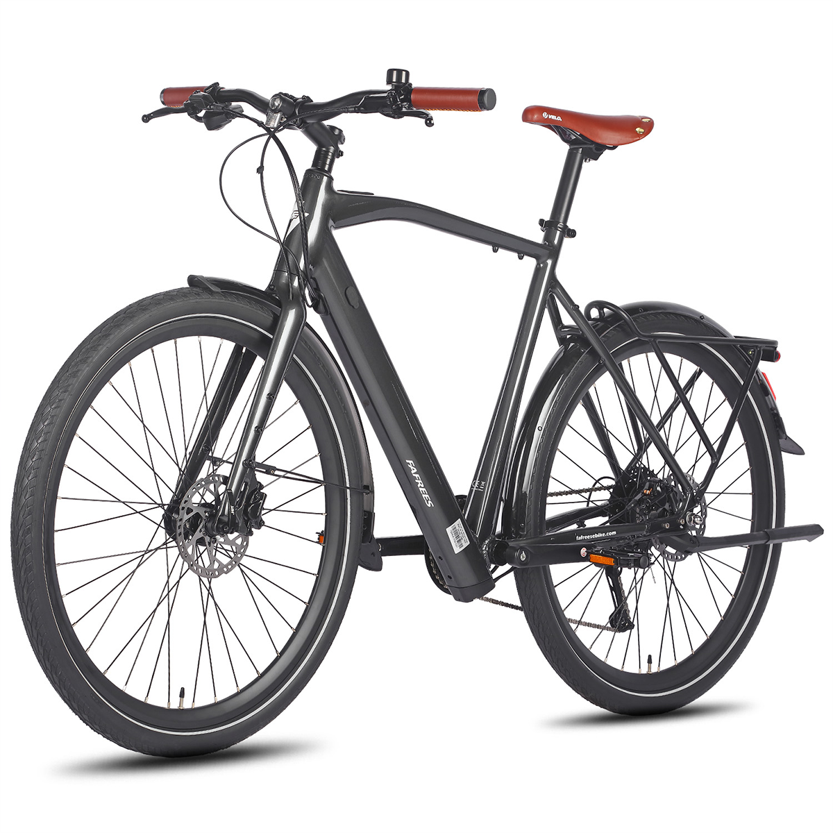 Ein schwarzes Fafrres-Elektrofahrrad mit braunem Ledersitz und Griffen, vor weißem Hintergrund.