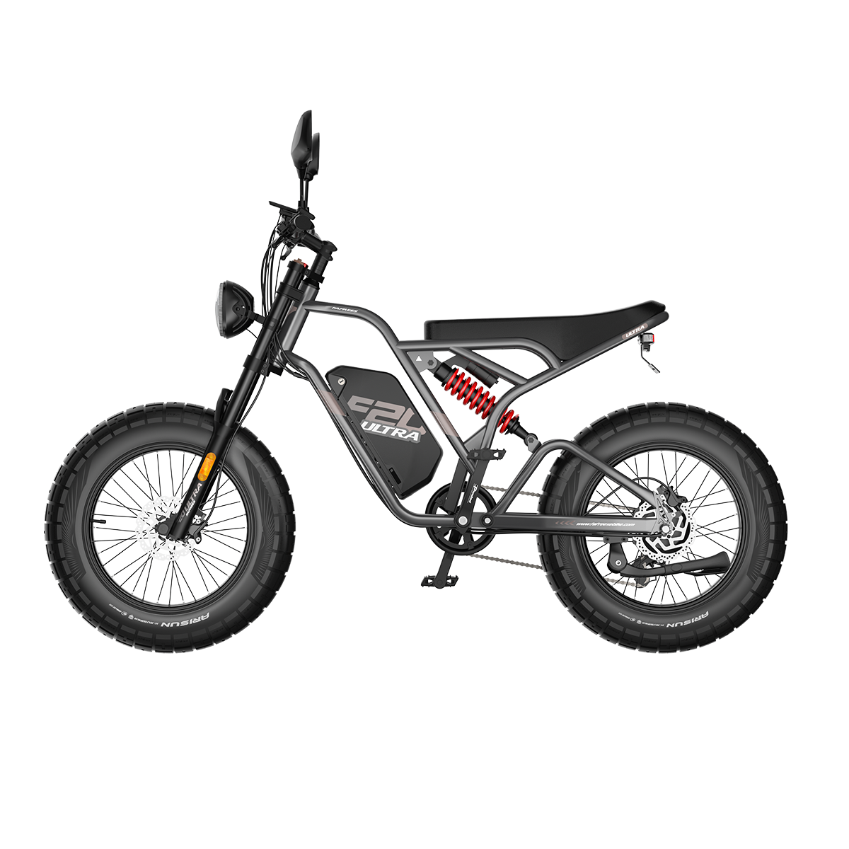 Ein graues und schwarzes Elektrofahrrad mit dicken Reifen. Es hat einen schwarzen Sitz, rote Federung und einen Scheinwerfer. Das Fahrrad ist mit "F2U ULTRA" beschriftet.