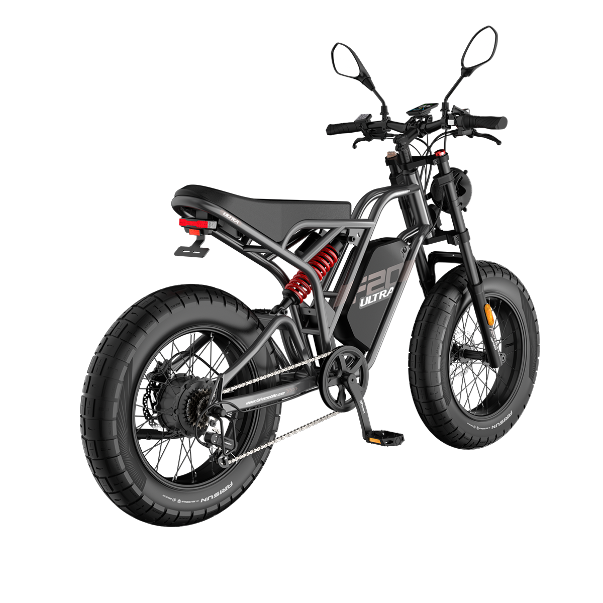 Schwarzes Elektrofahrrad F20 Ultra. Merkmale sind ein schwarzer Rahmen, große Reifen, rote Federung und ein schwarzer Sitz, vor weißem Hintergrund.