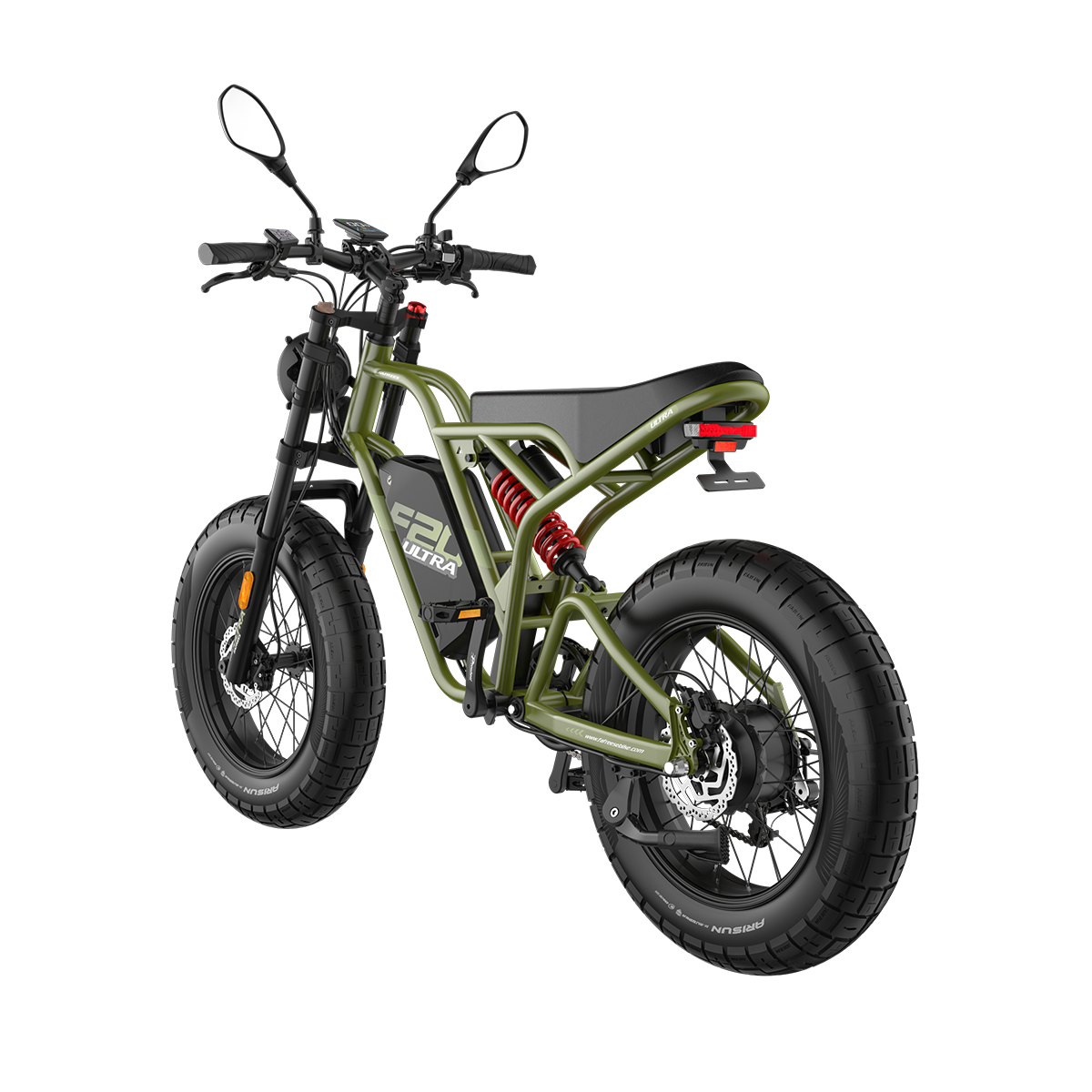 Grünes Elektromotorrad vor weißem Hintergrund. Merkmale sind dicke Reifen, rote Federung, schwarzer Sitz, Spiegel und F2L Ultra Logo.