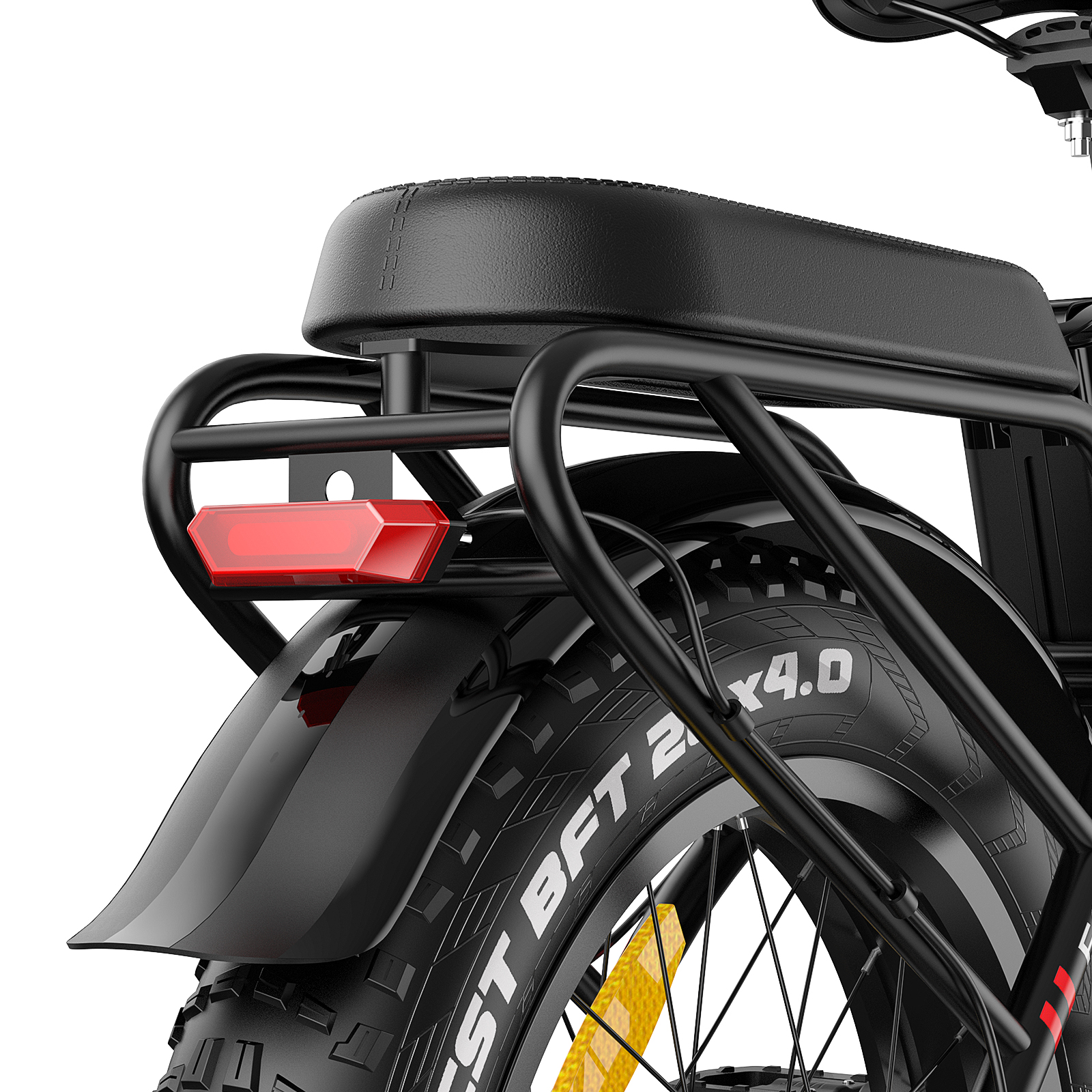 Schwarzes E-Bike-Heck. Enthält einen schwarzen Sitz, Gepäckträger, Kotflügel, rotes Licht und einen breiten Reifen.