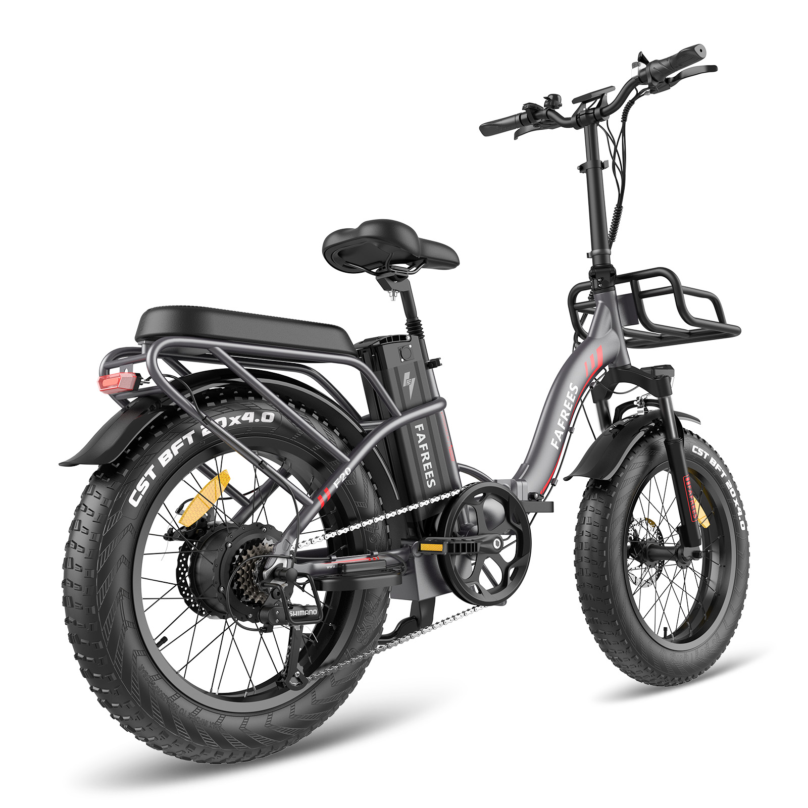 Ein Elektrofahrrad mit dicken Reifen. Es ist schwarz und grau, mit dem Markennamen 'FAFREES' sichtbar.