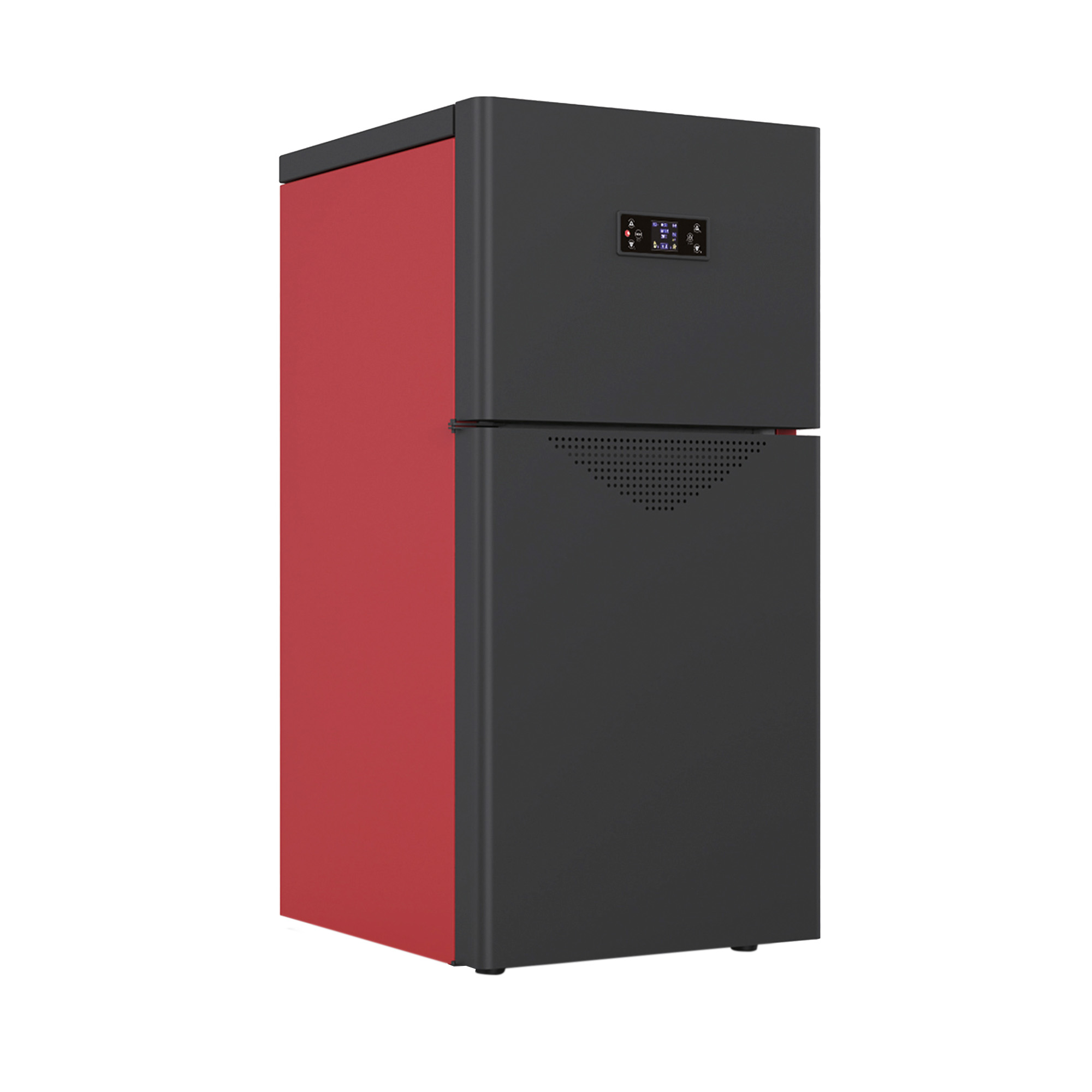 Ein zweifarbiger Kessel mit roter Seite und schwarzer Vorderseite. Er hat ein Bedienfeld und ein Lüftungsgitter.