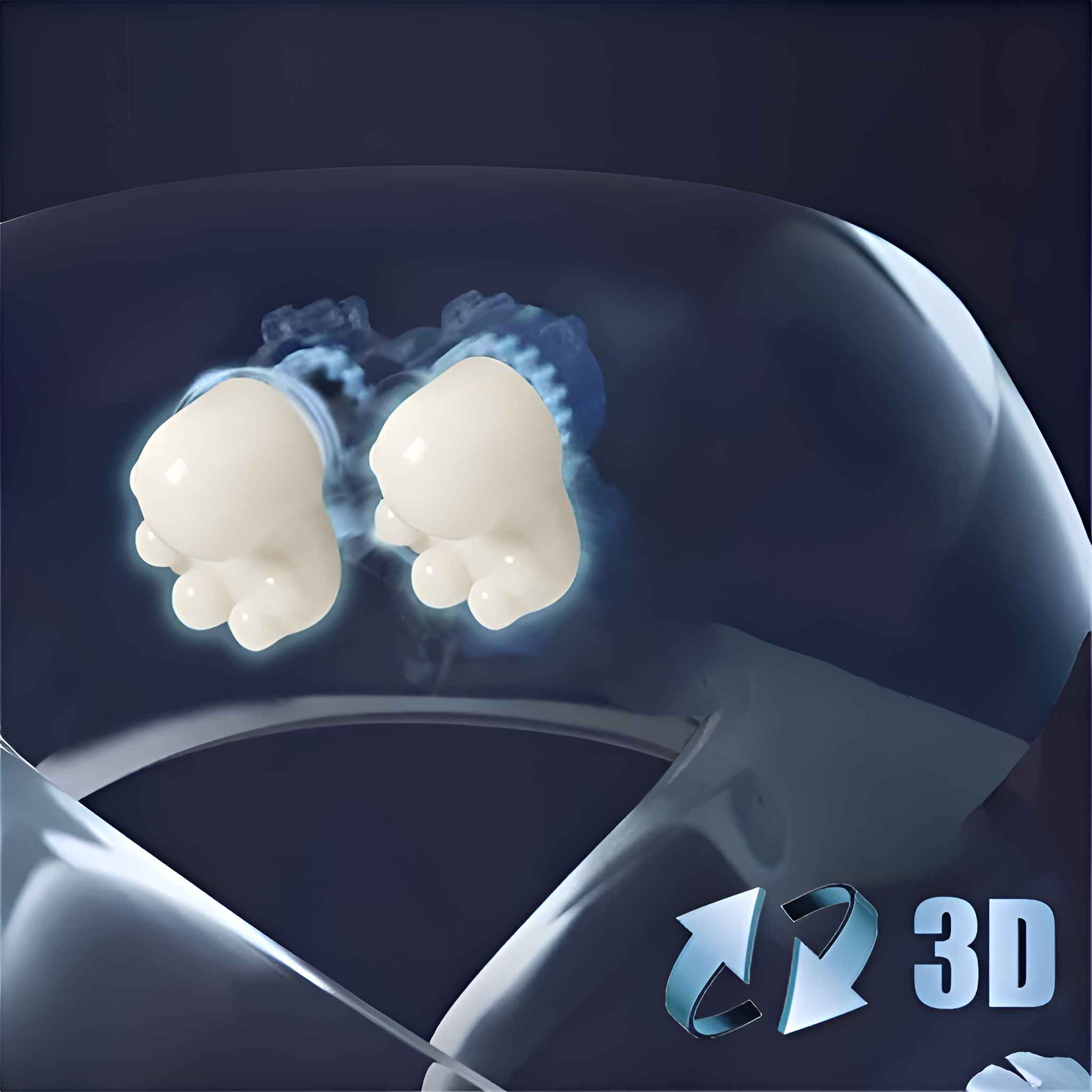 Zwei 3D-förmige Objekte in Fußform auf dunklem blauem Hintergrund. Das Wort 3D und Pfeile sind sichtbar.