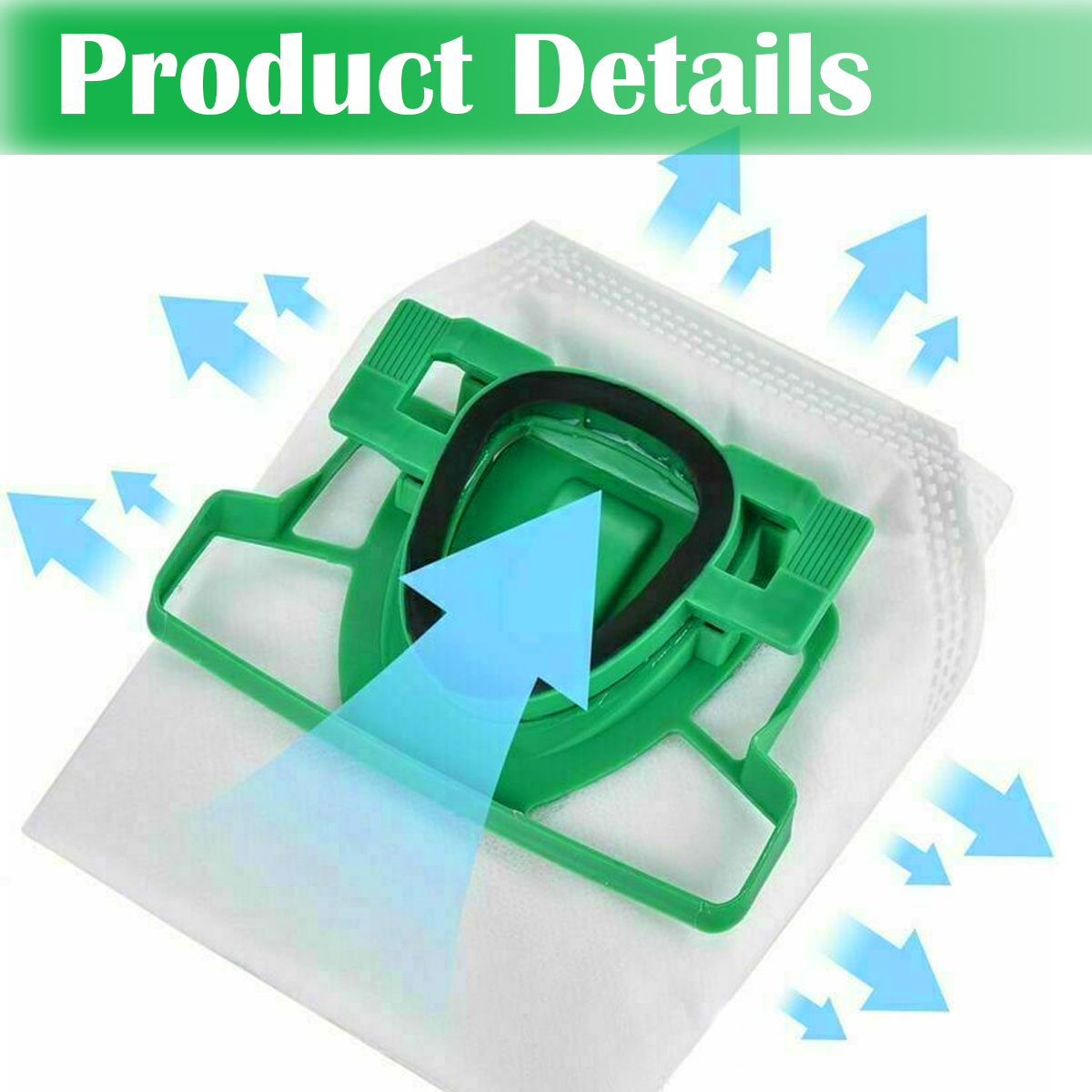 Ein grüner Staubsaugerfilter mit schwarzer Gummidichtung. Blaue Pfeile zeigen den Luftstrom an. Der Text 'Produktdetails' steht oben.