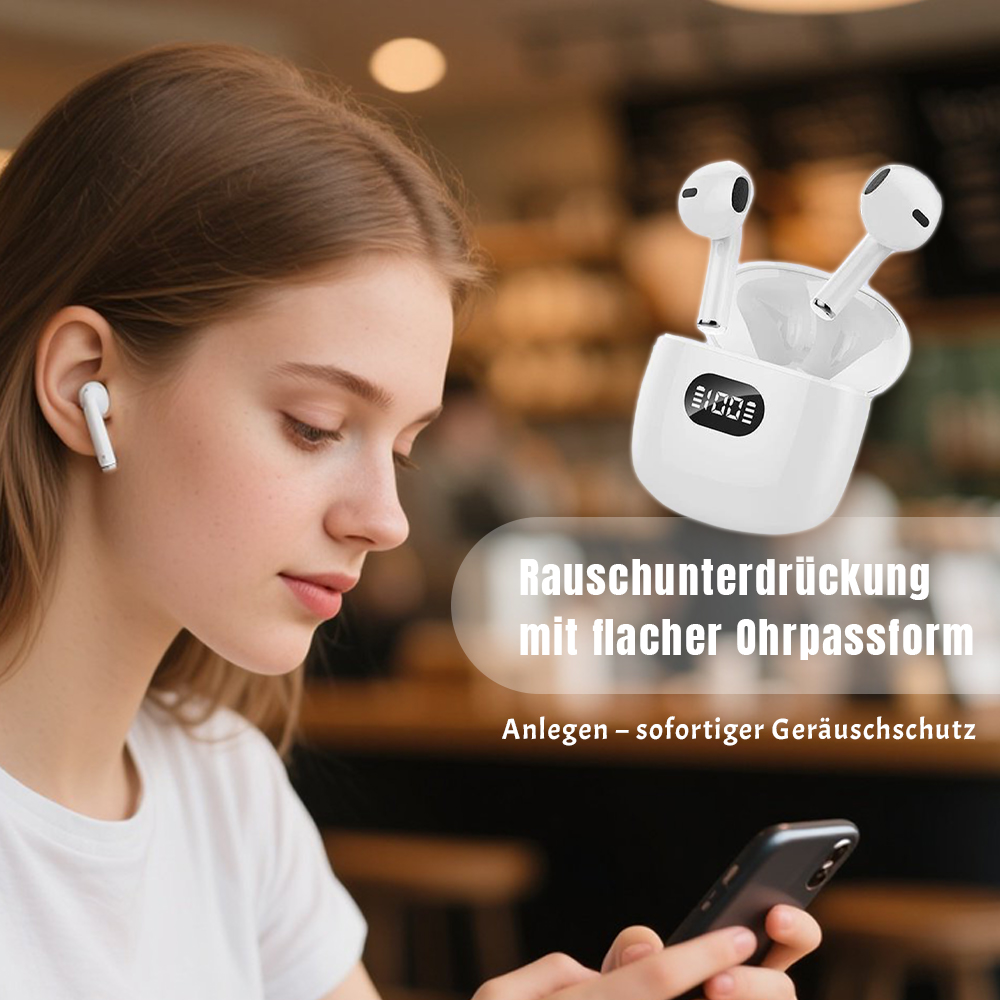 Eine Frau hält ein Telefon. Weiße Ohrhörer liegen in einem Ladecase. Text lautet: 'Geräuschreduzierung mit flacher Ohrpassform'.