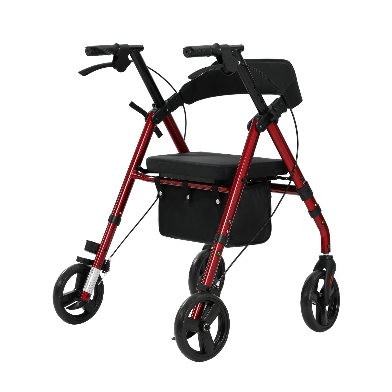 Roter und schwarzer Rollator mit Sitz und Aufbewahrungstasche. Vier schwarze Räder. Griffe mit Bremsen. Schwarzer Sitz. Weißer Hintergrund.