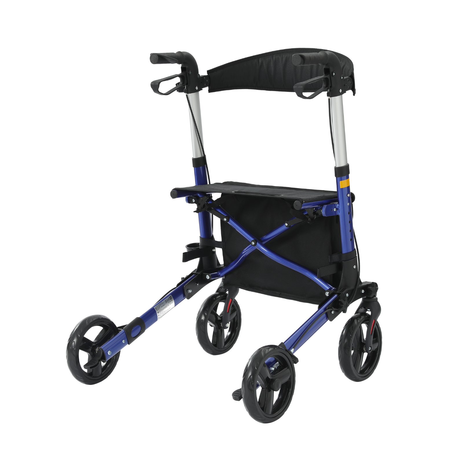 Ein blauer und schwarzer Rollator mit vier Rädern. Er hat einen Sitz, Griffe und eine Aufbewahrungstasche.
