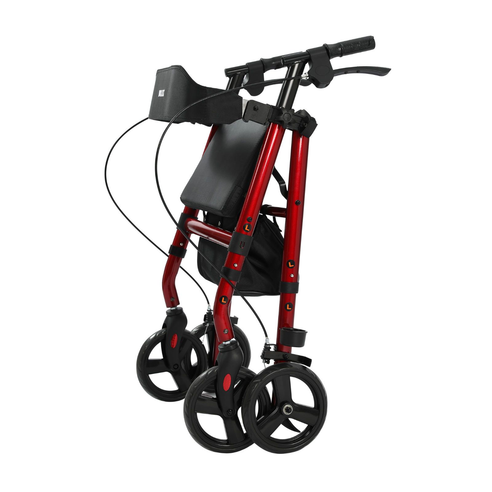 Roter und schwarzer Rollator mit vier Rädern, einem Sitz und Griffen, zur Unterstützung der Mobilität, isoliert auf Weiß.