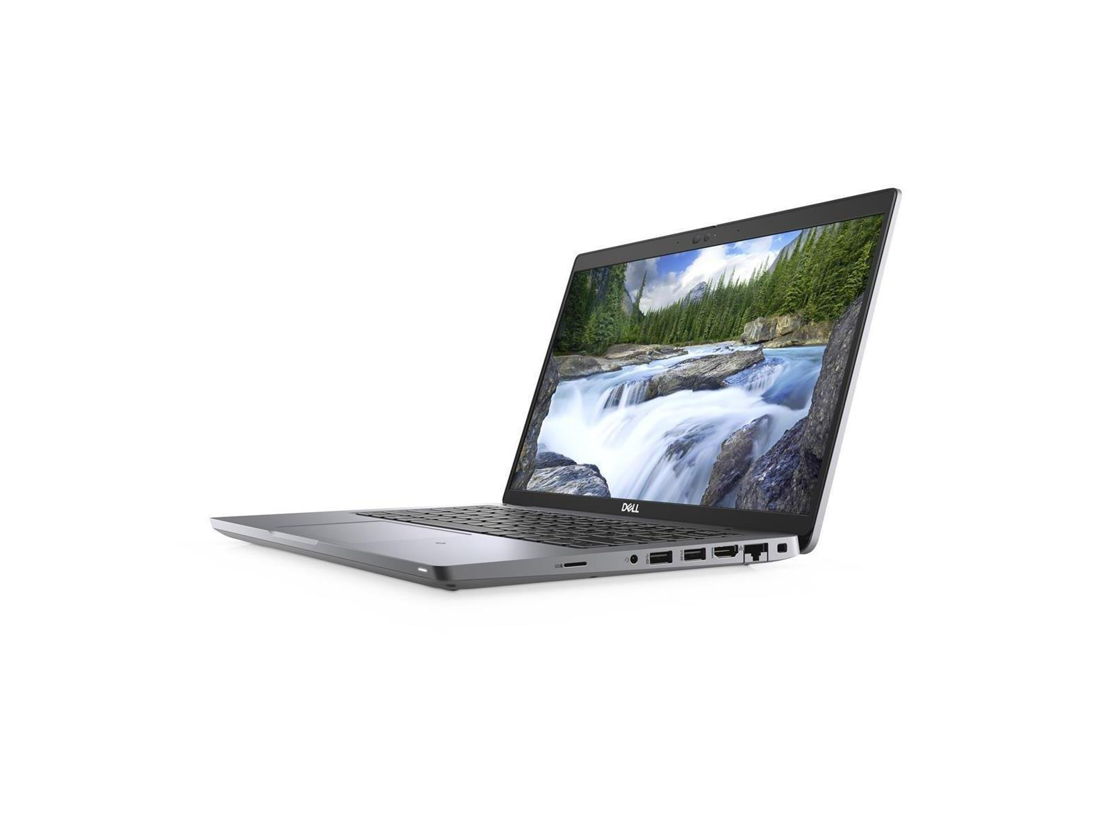 Ein grauer Dell-Laptop ist angewinkelt geöffnet. Der Bildschirm zeigt eine Wasserfallszene. Der Hintergrund ist weiß.