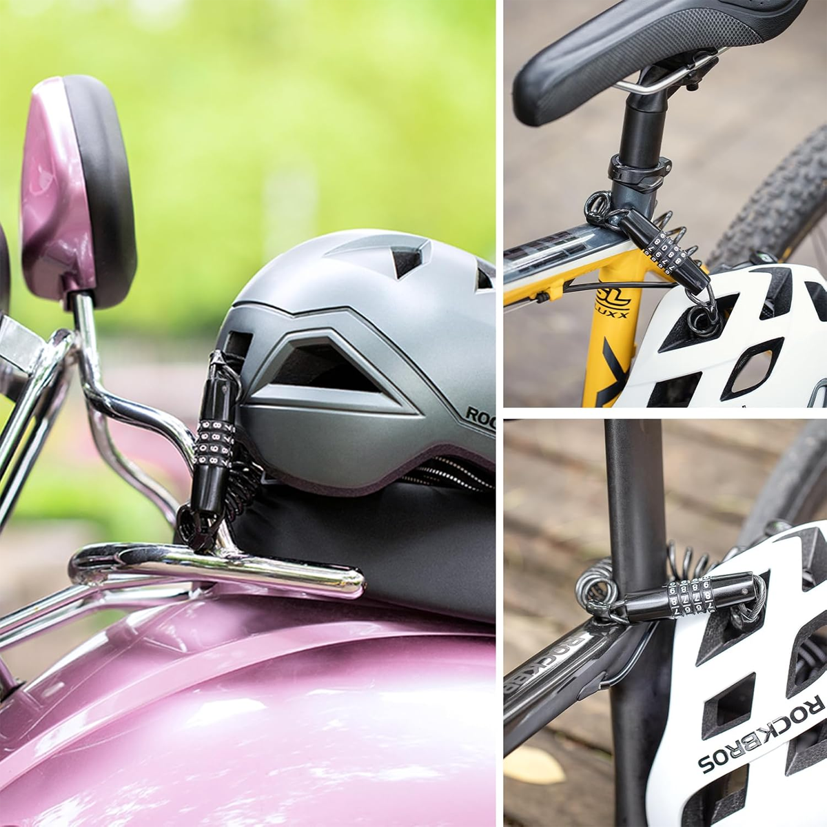 Ein Zahlenschloss sichert einen grauen Helm auf einem rosa Roller. Ein weiterer Helm ist an einem Fahrrad befestigt. Der Hintergrund ist grün unscharf.