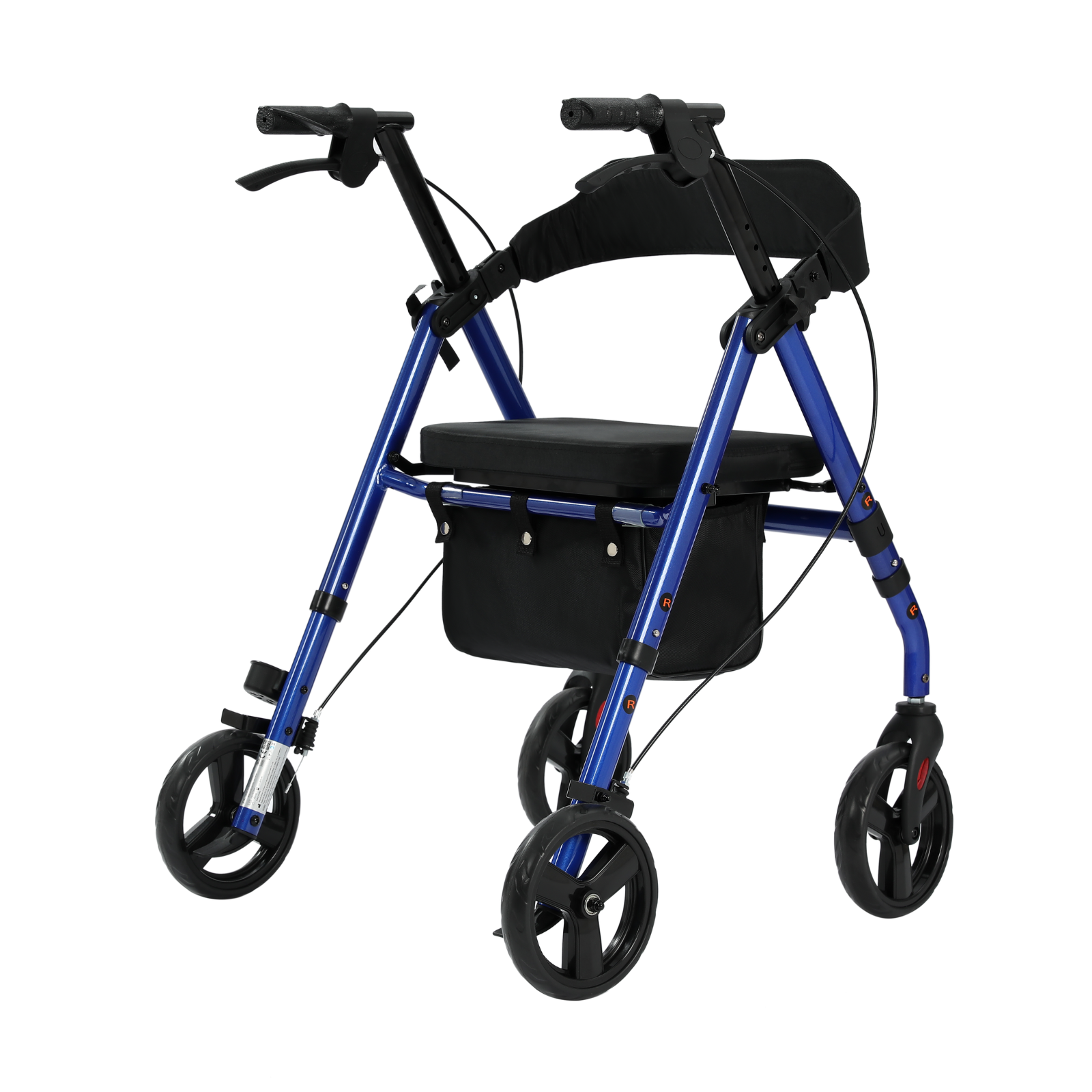Ein blauer Rollator mit schwarzem Sitz, Griffen und Rädern. Er hat eine schwarze Tasche. Der Hintergrund ist weiß.