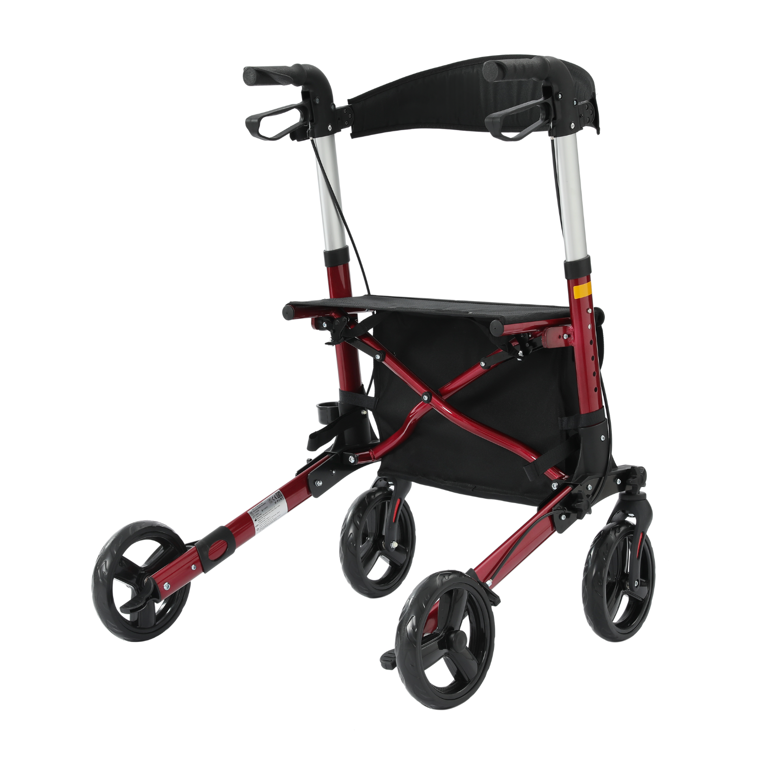 Ein rot-schwarzer Rollator mit vier Rädern, einem Sitz und Griffen, isoliert auf weißem Hintergrund.