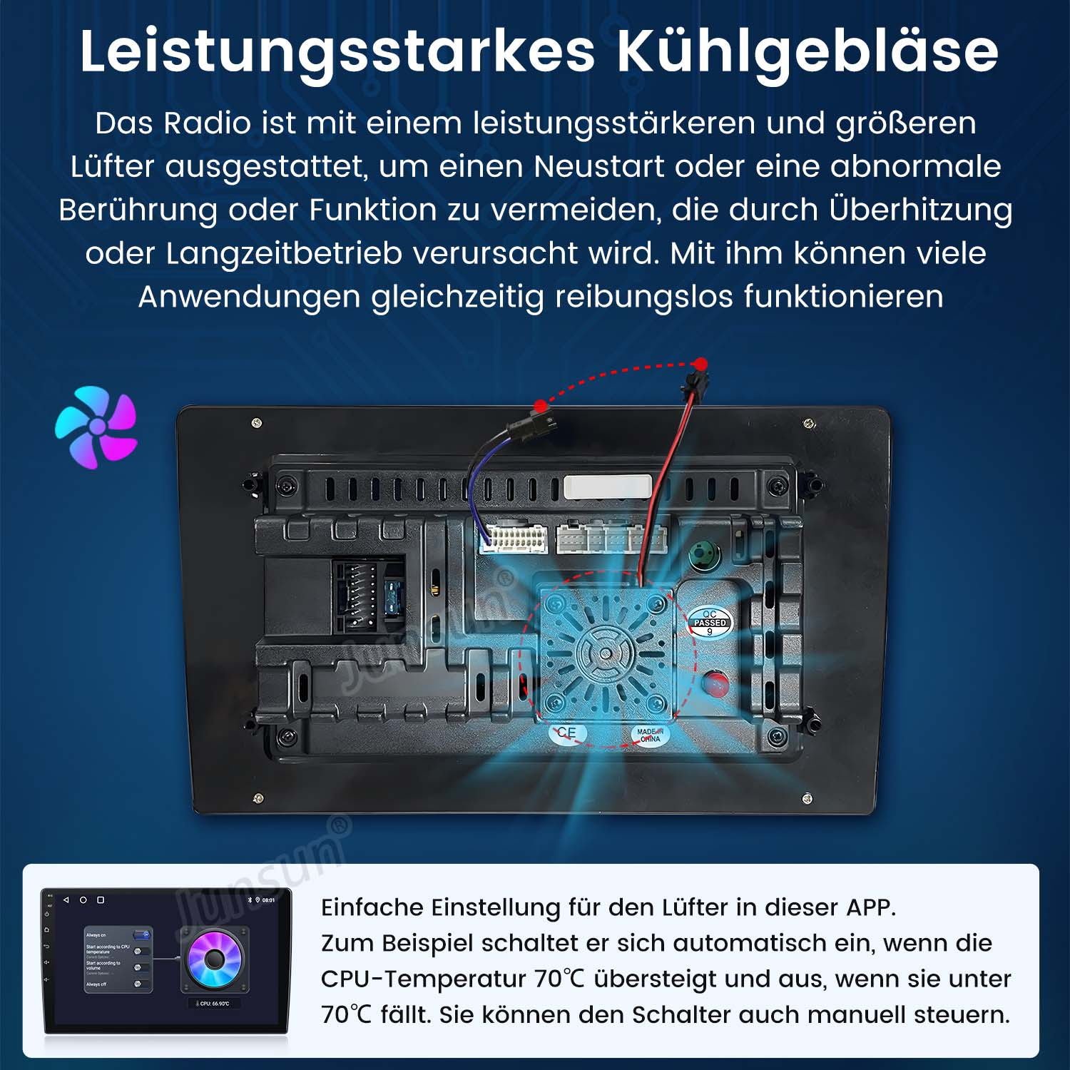 Autoradio-Komponente mit Lüfter, Kabeln und Bildschirm. Text erklärt Kühlsystem und CPU-Temperaturregelung.