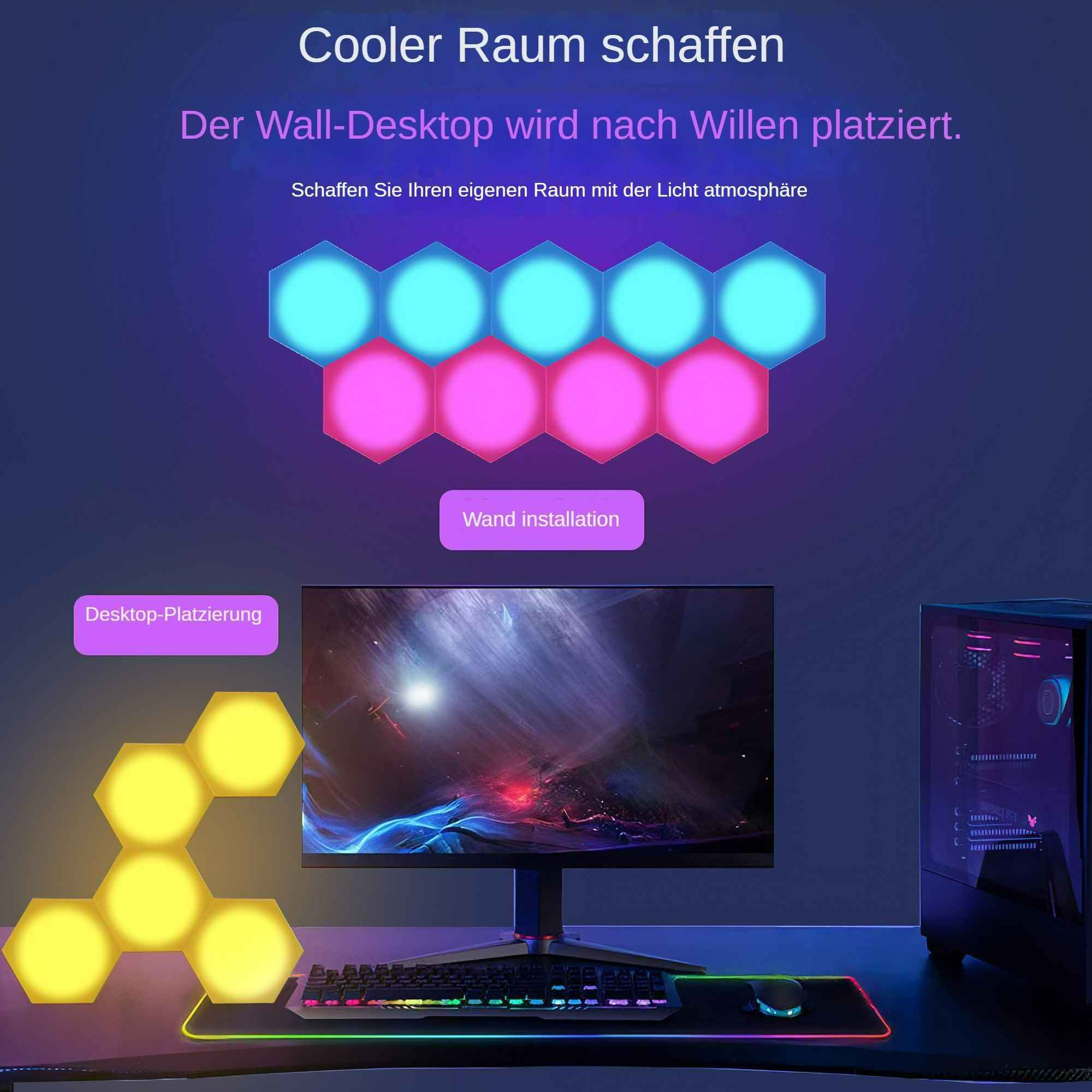 Ein Desktop-Setup mit Monitor, Tastatur und PC. Sechseckige Lichter an der Wand, mit Text auf Deutsch.