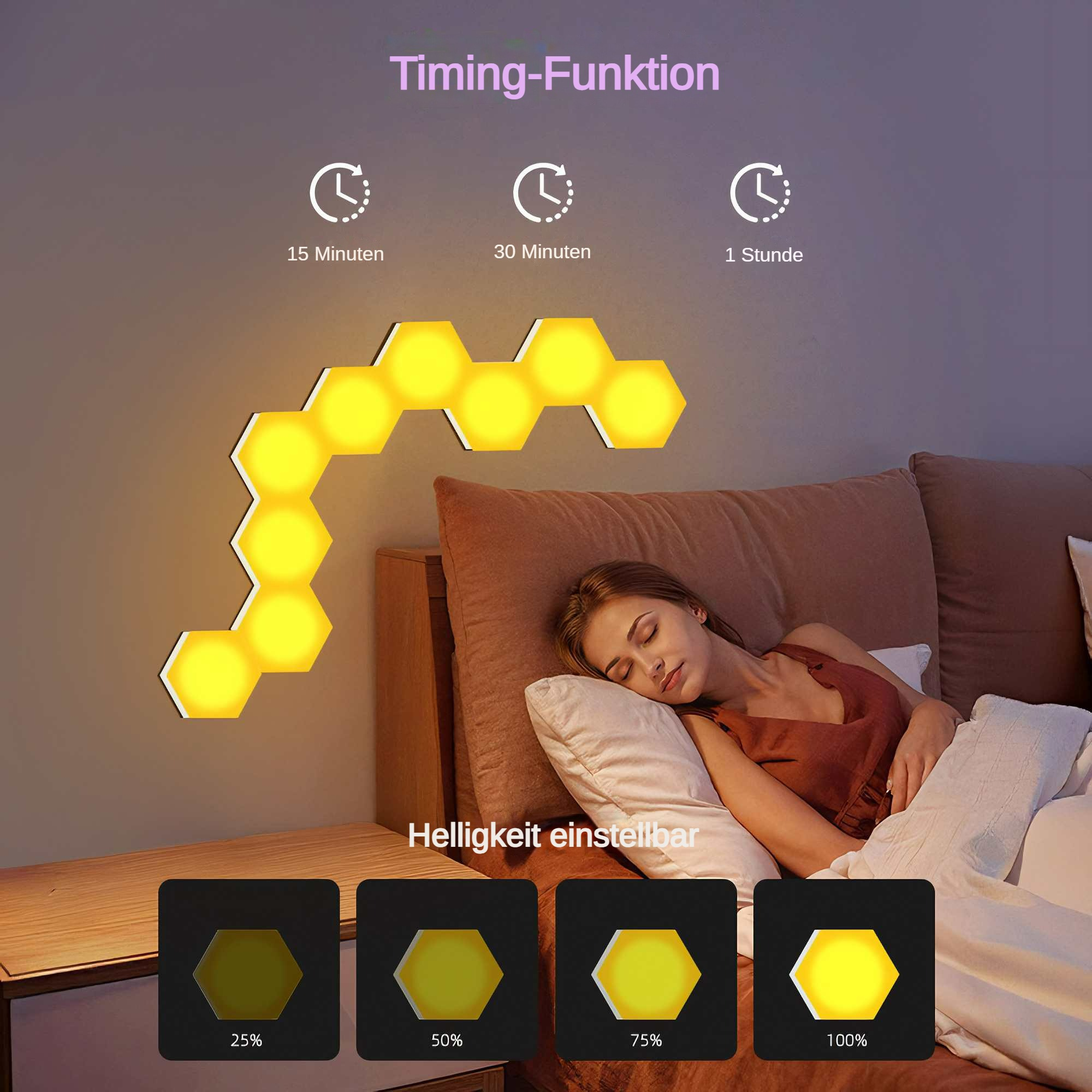 Eine Frau schläft im Bett. Oben ist eine hexagonale Lichtanzeige. Unten sind Helligkeitsoptionen von 25% bis 100%.