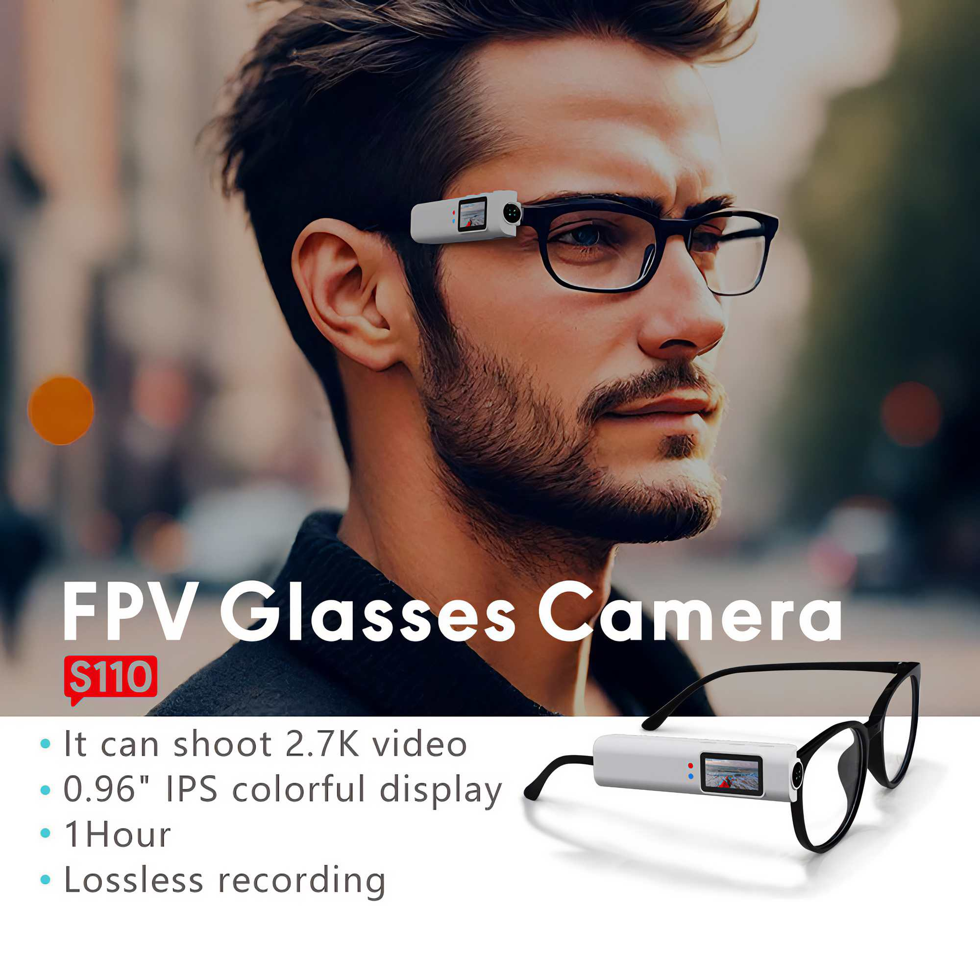 Ein Mann mit Brille und Kamera. Text: FPV-Brillenkamera $110, mit Funktionen wie 2,7K-Video und 1 Stunde Aufnahme.