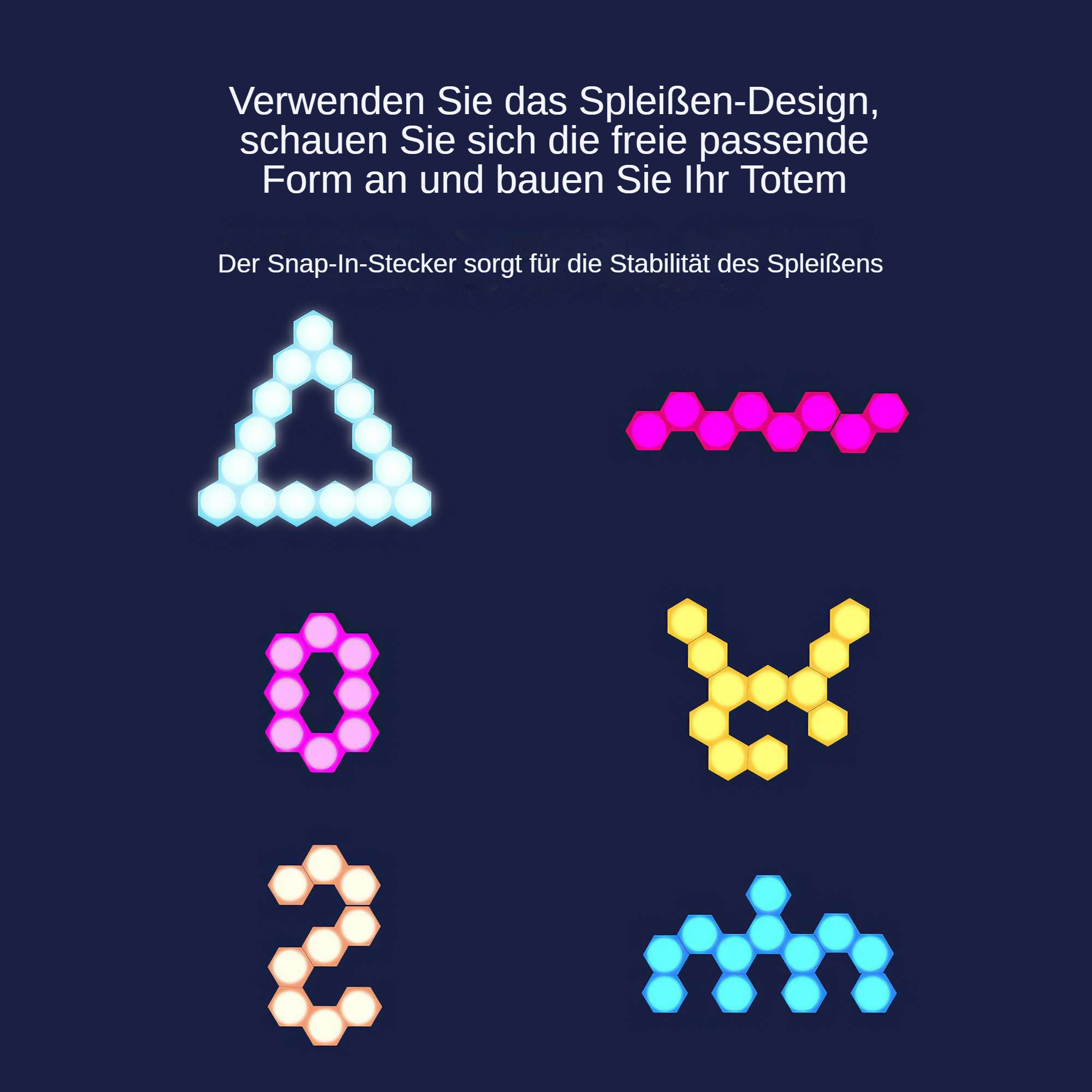 Das Bild zeigt Beispielfiguren, die mit verbindbaren Kacheln erstellt wurden. Dreieck, Sechseck, Null, V-Form, Zahl Zwei und eine gebogene Form.
