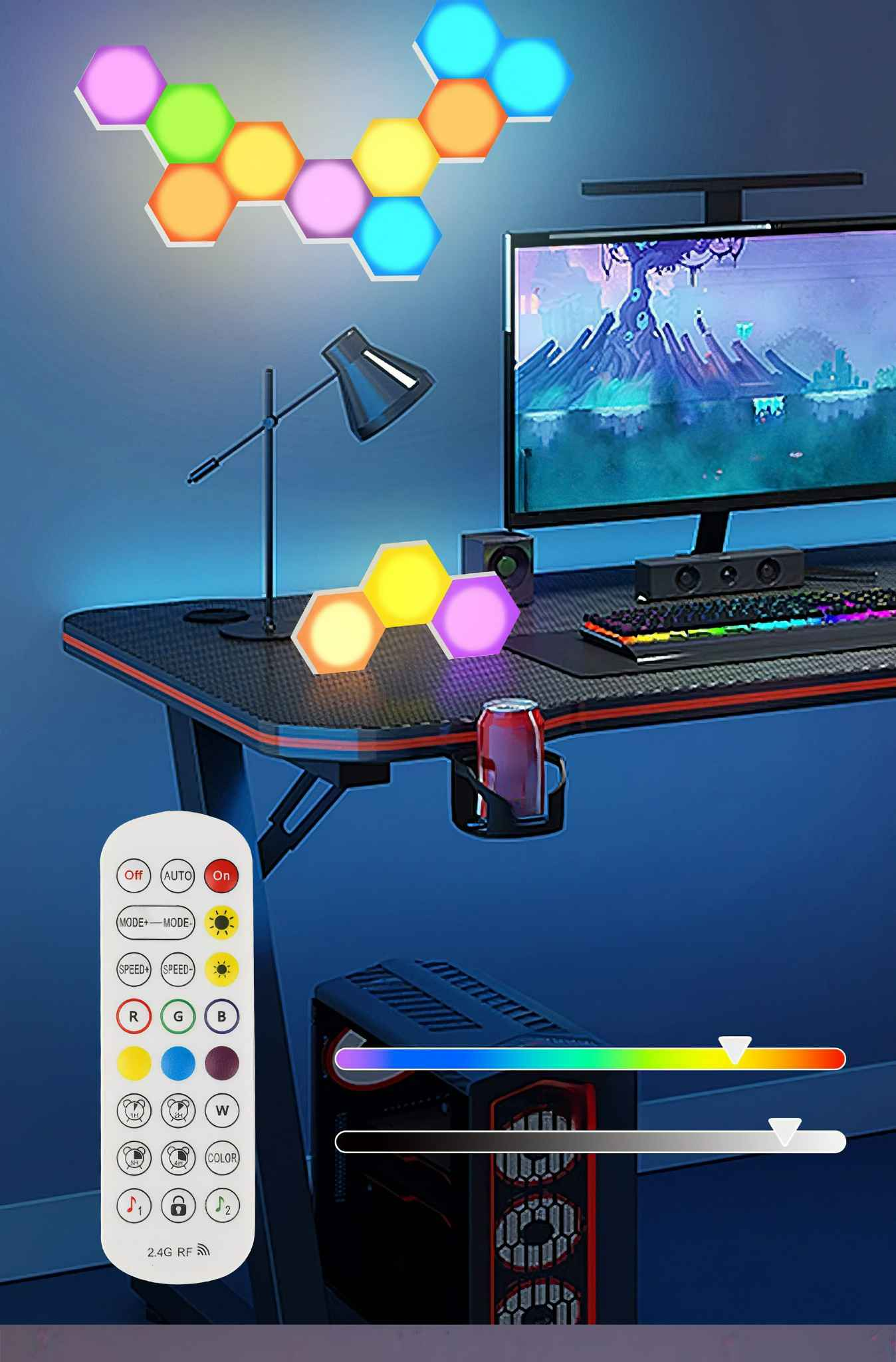 Ein Gaming-Setup mit Schreibtisch, Monitor und bunten LED-Leuchten. Eine Fernbedienung ist im Vordergrund. Ein PC-Tower ist unten sichtbar.