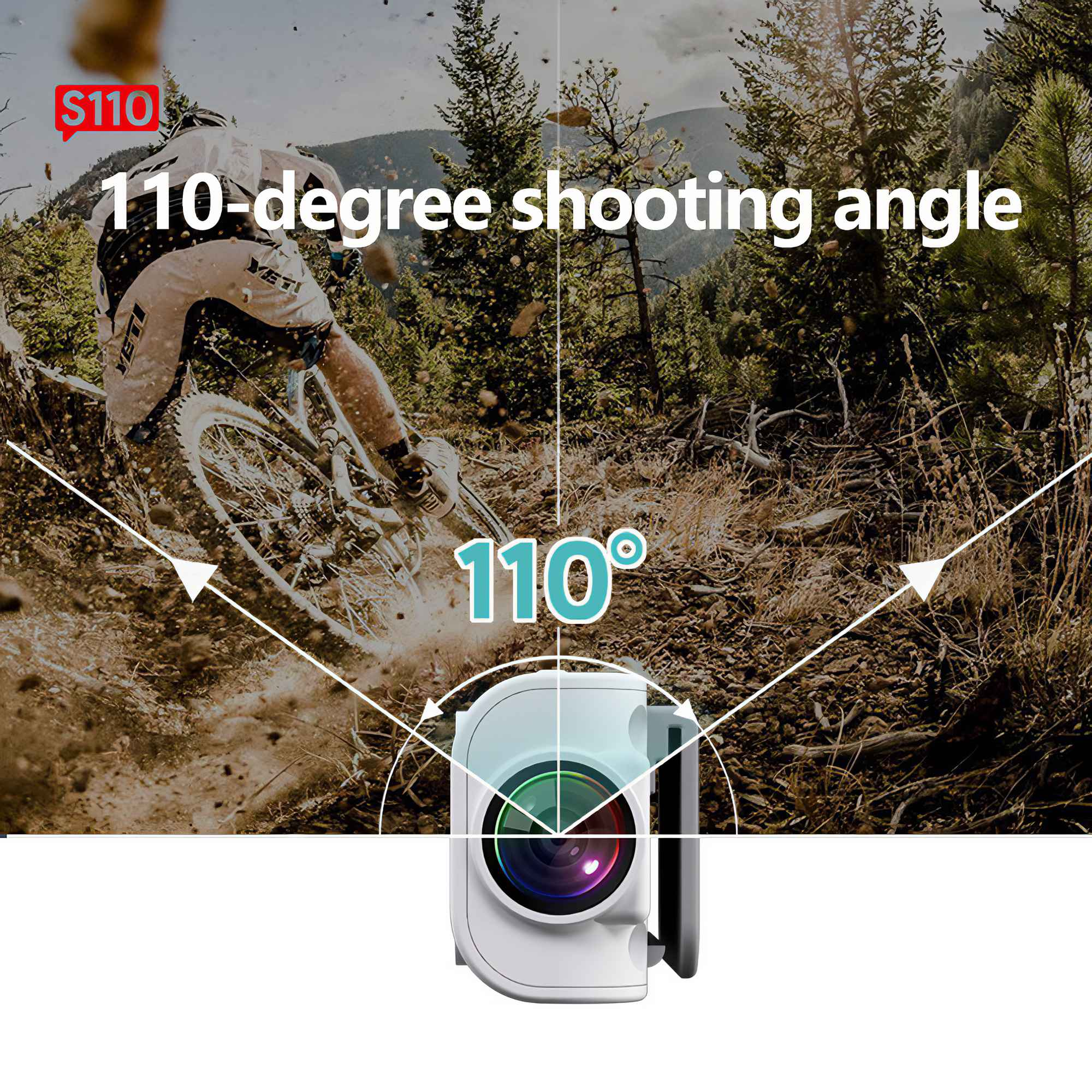 Ein Mountainbiker fährt einen schlammigen Pfad hinunter. Eine Kamera mit einem 110-Grad-Winkel ist abgebildet. Text sagt '110-Grad-Aufnahmewinkel'.