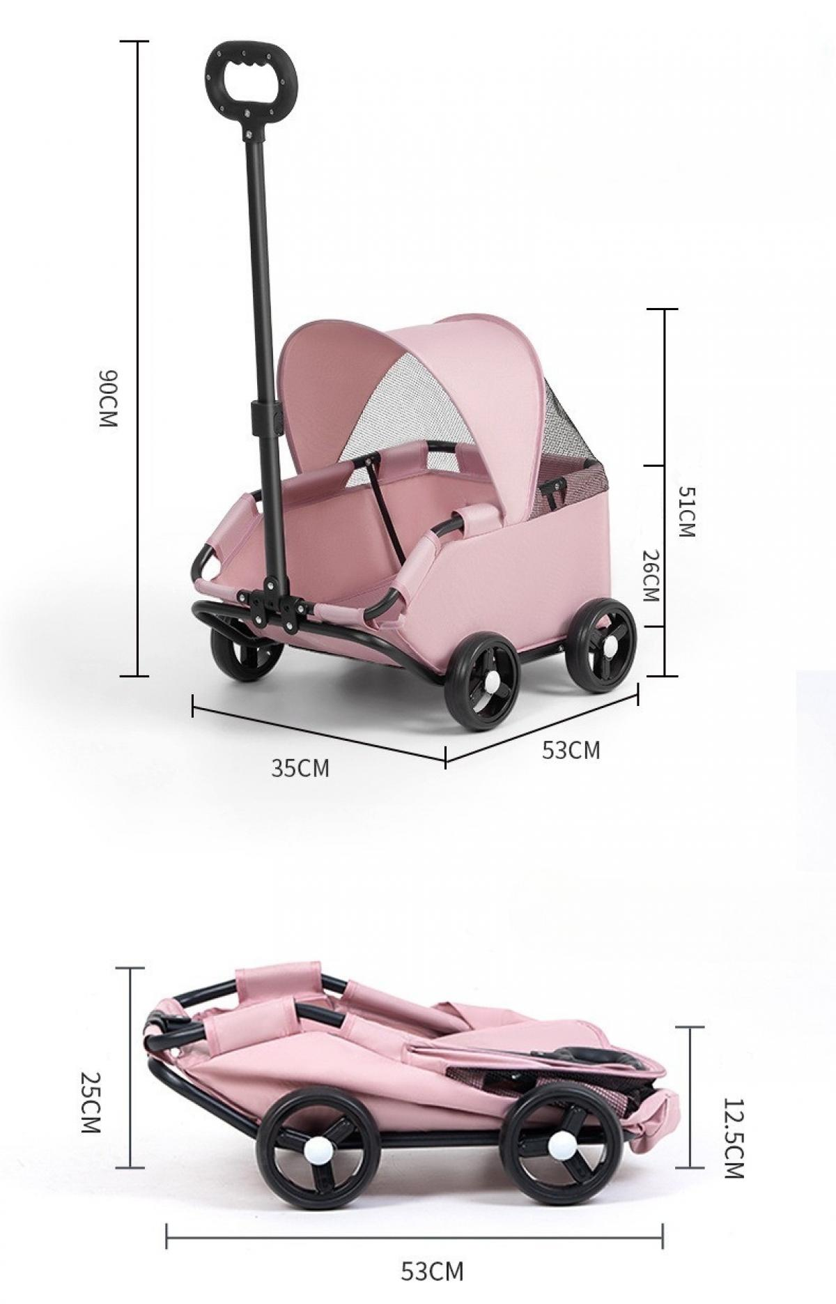 Rosa Haustierwagen mit schwarzen Rädern. Inklusive Verdeck, Griff und gefalteter Ansicht. Abmessungen in cm für Höhe und Breite sind angegeben.