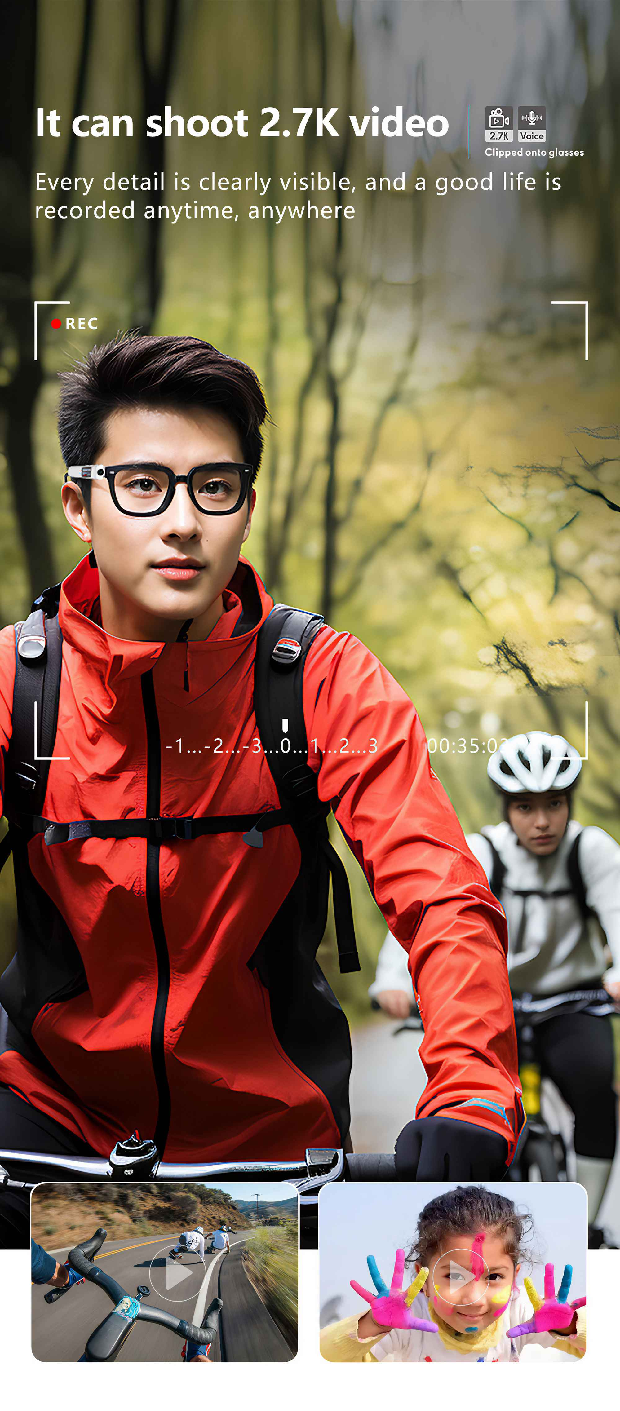 Mann mit Brille und roter Jacke auf einem Fahrrad, ein anderer Radfahrer im Hintergrund. Text-Overlay: 2.7K Video, REC, -1...3, 00:35:0.