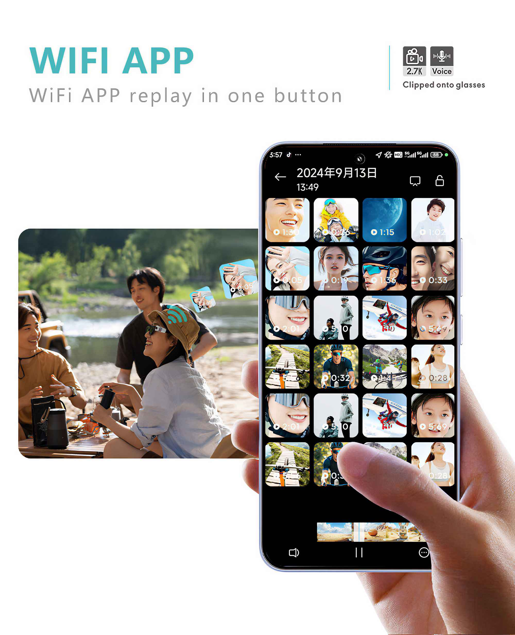 Eine Hand hält ein Telefon, das eine Video-App anzeigt. Im Hintergrund sind Menschen zu sehen. Text sagt 'WiFi APP replay'.