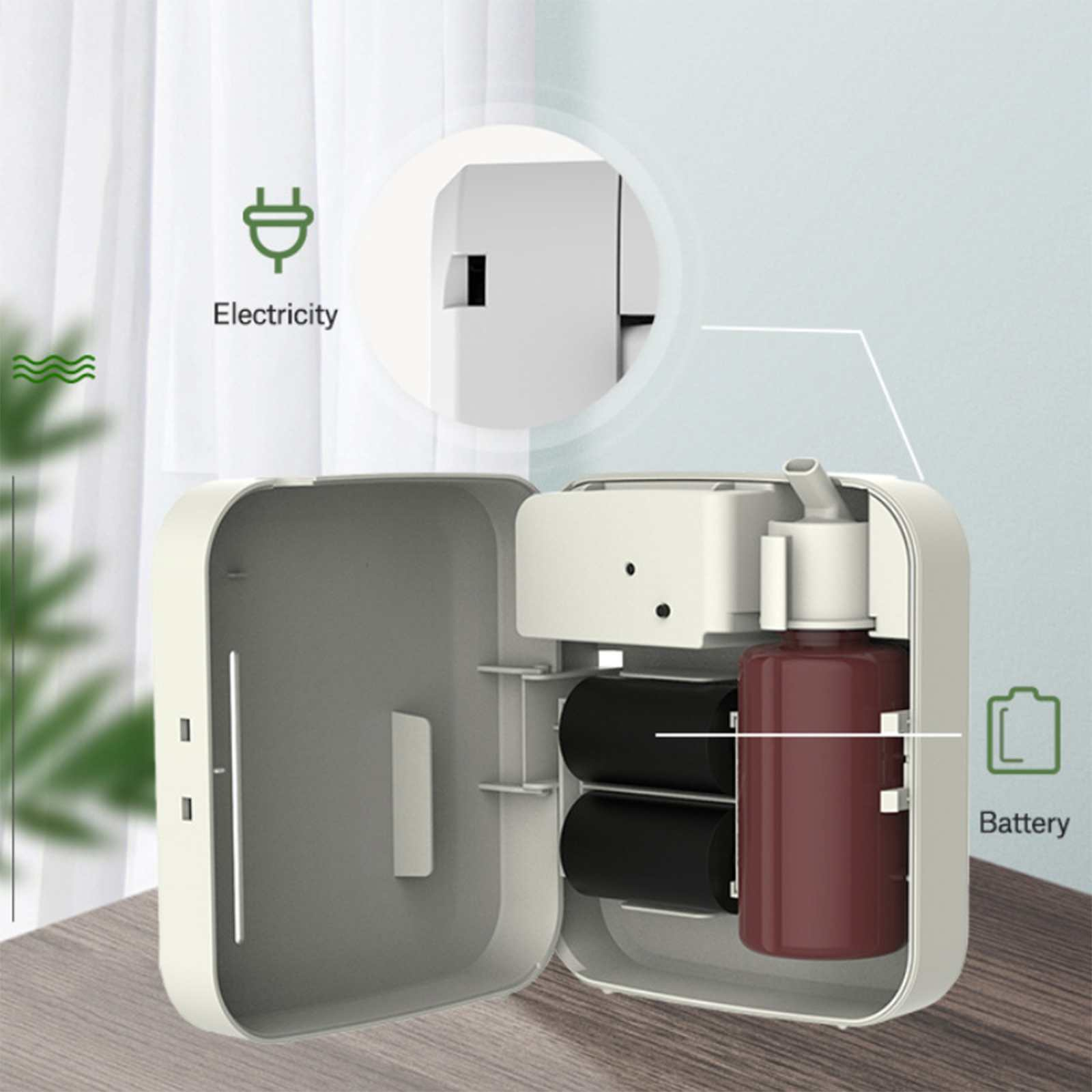 Ein offenes, weißes Gerät mit einer kastanienbraunen Flasche und zwei schwarzen Zylindern. Das Gerät ist mit Strom- und Batteriesymbolen beschriftet.