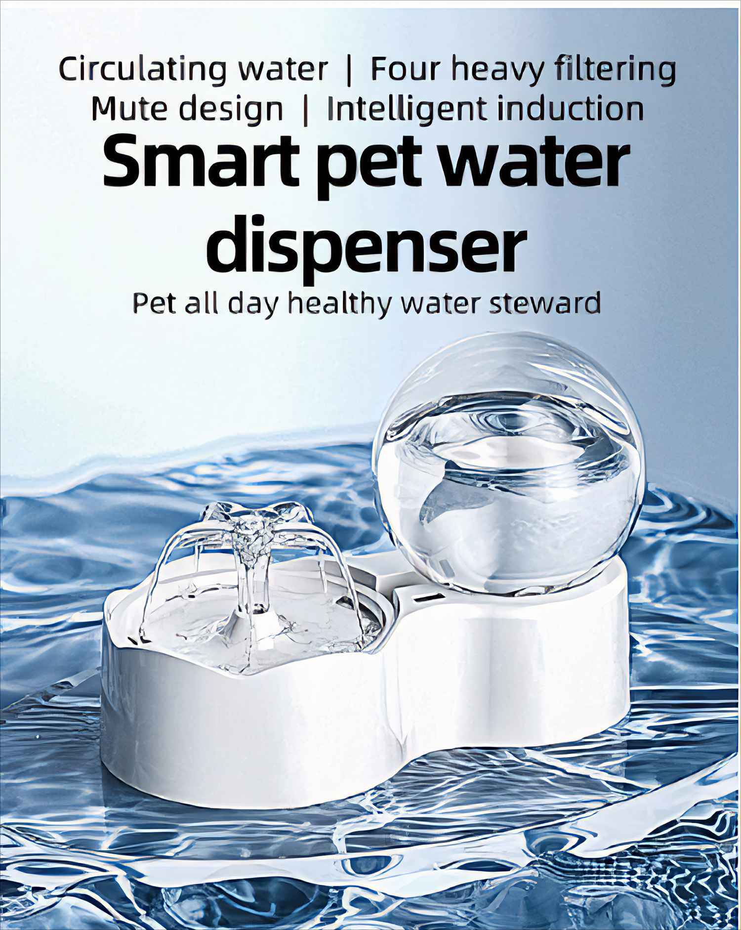 Ein weißer Haustier-Wasserspender mit einem klaren Wasserbehälter. Wasser fließt daraus in einen Wasserpool. Text lautet 'Smart pet water dispenser'.