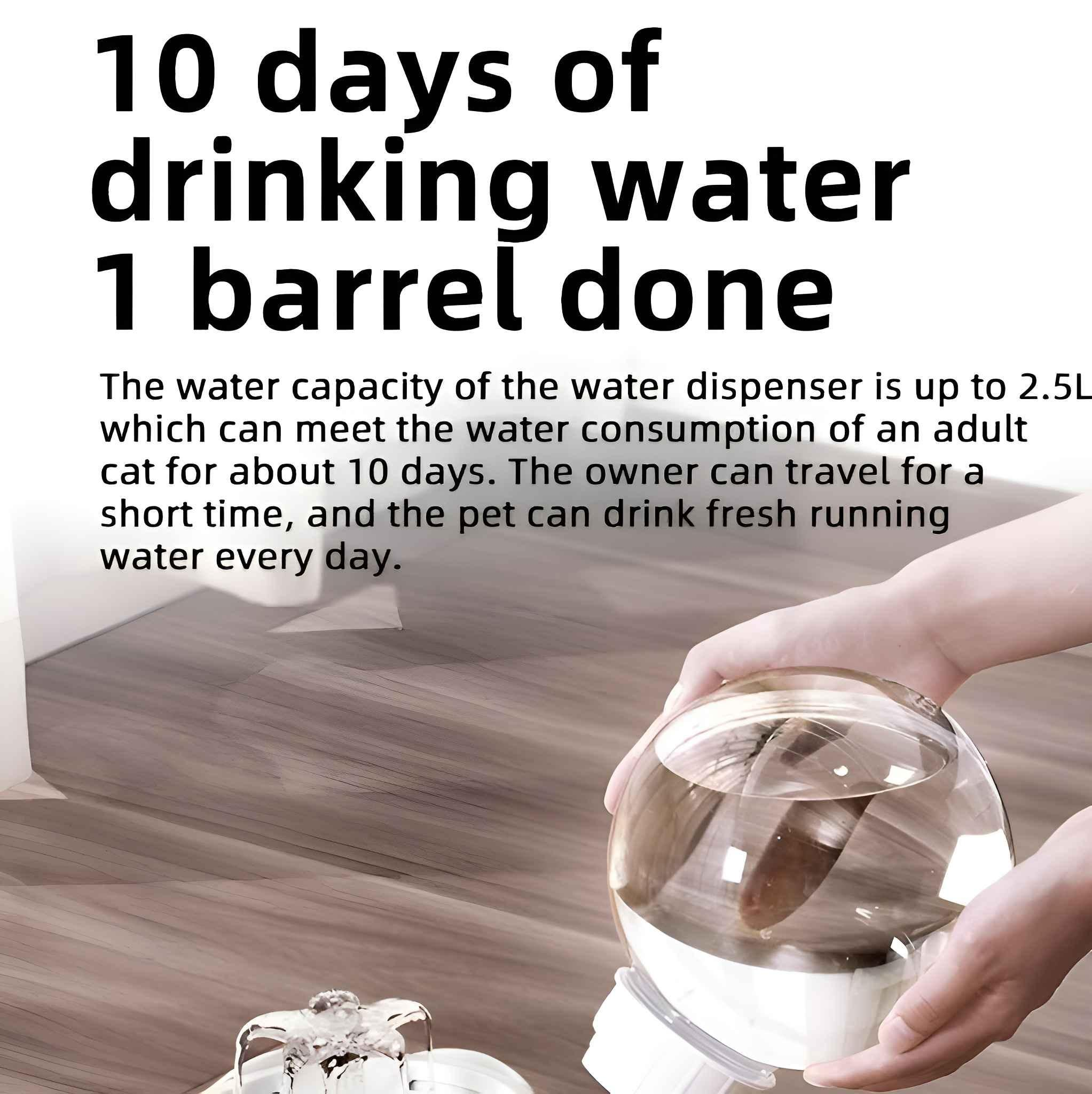 Eine Hand hält einen durchsichtigen Wasserspender. Der Text lautet 10 Tage Trinkwasser, 1 Fass fertig. Es hat 2,5 Liter Fassungsvermögen.