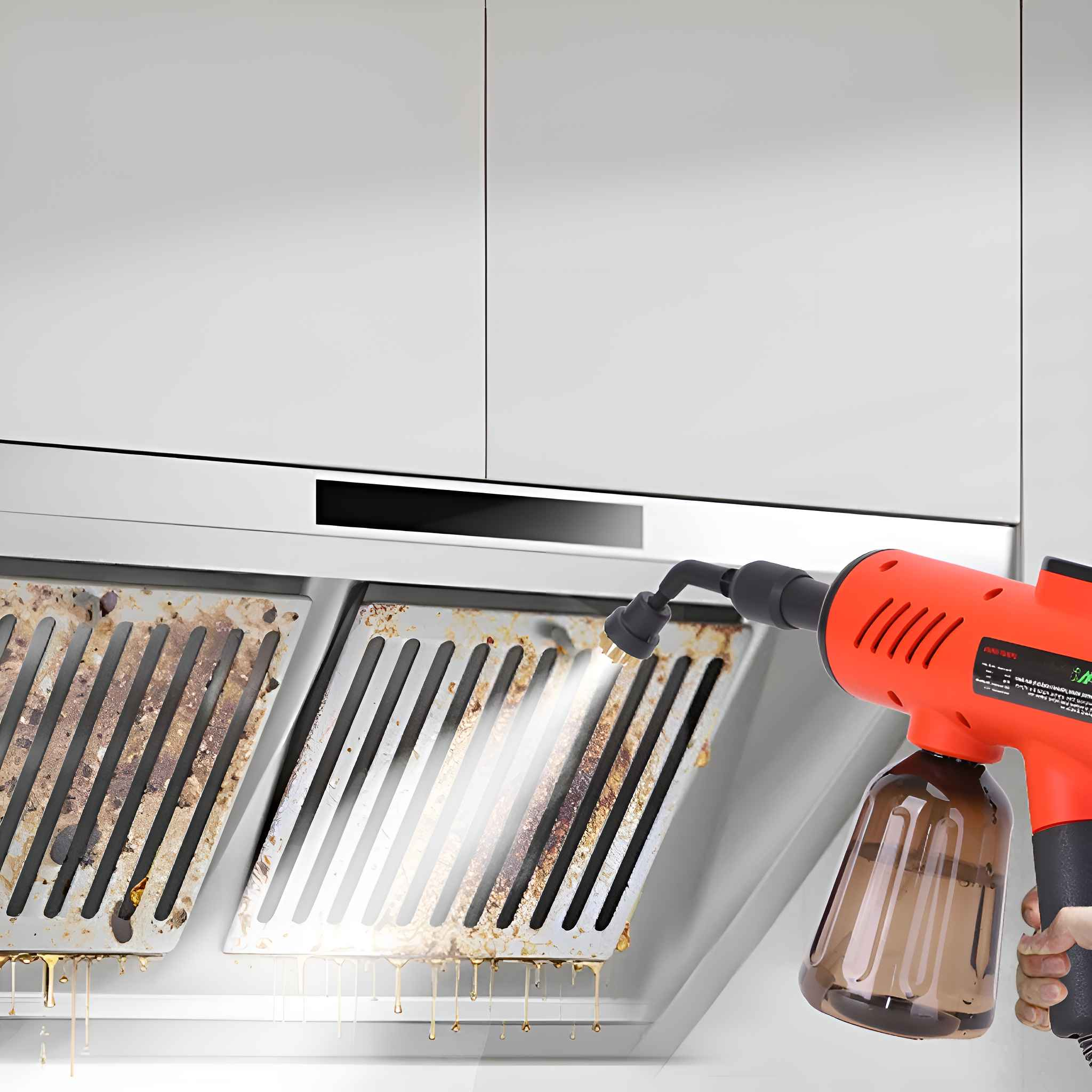 Ein orangefarbenes Reinigungswerkzeug sprüht einen Küchenventilator. Gitter sind mit Fett verschmutzt, und der Hintergrund zeigt weiße Schränke.