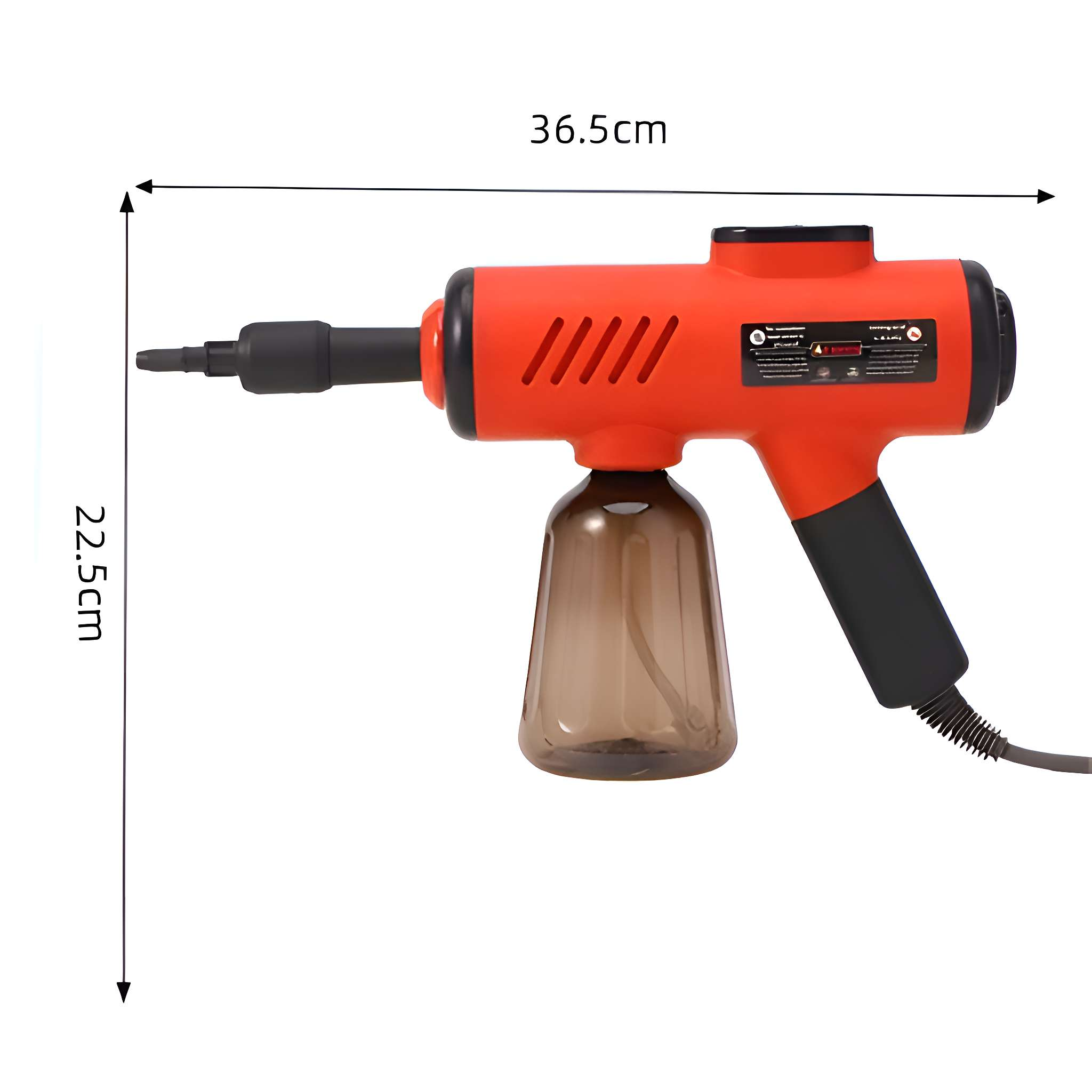 Ein orange-schwarzes Handsprühgerät. Es hat eine Düse, einen Behälter und ein Netzkabel. Abmessungen sind angegeben.