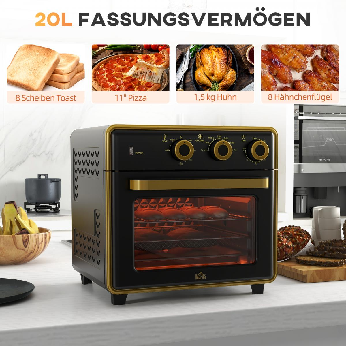 Ein Ofen mit Speiseoptionen, darunter Toast, Pizza, Huhn und Flügel. Der Ofen hat ein schwarzes und goldenes Design mit verschiedenen Knöpfen.