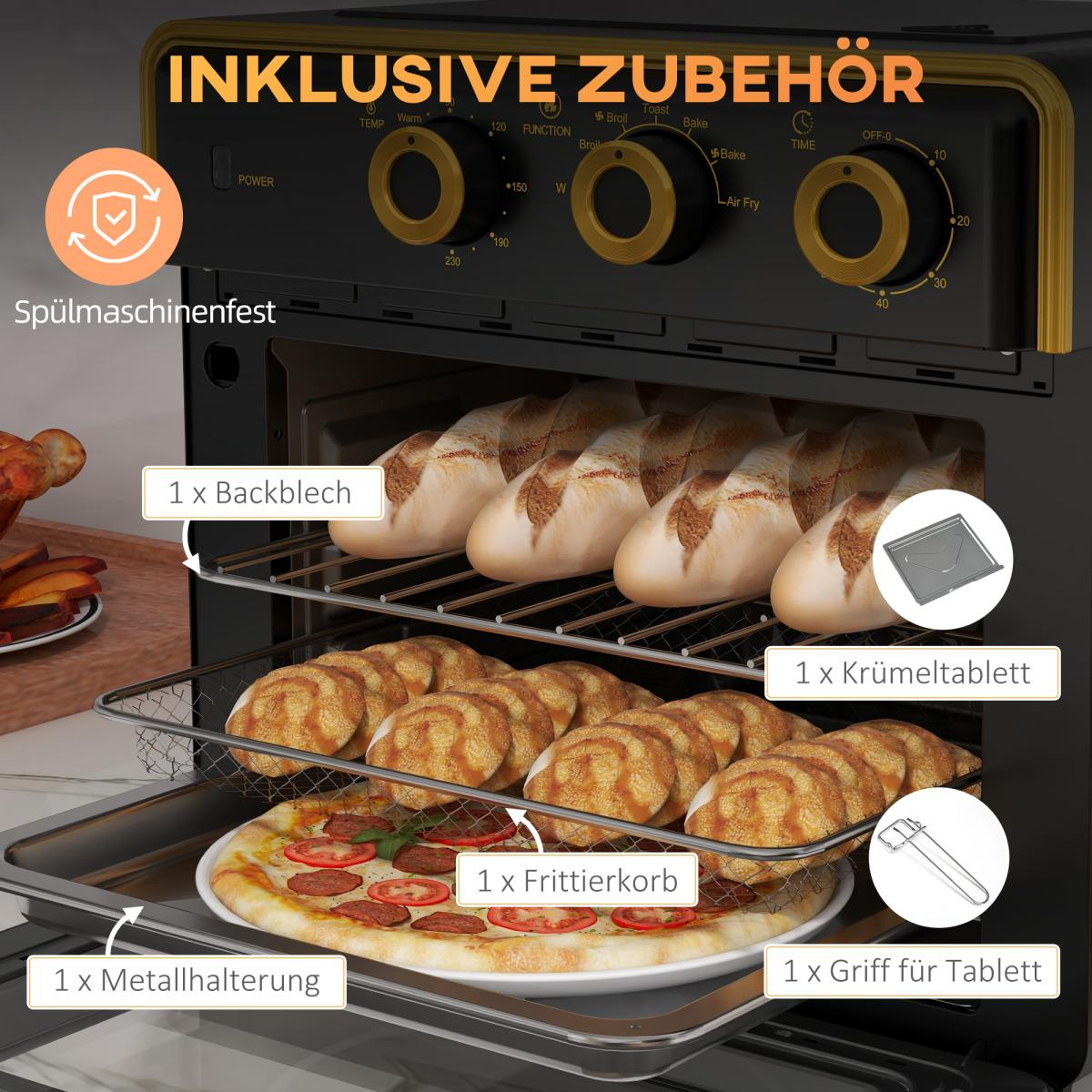 Ein Ofeninnenraum mit Backwaren, Pizza und Zubehör. Bedienelemente oben. Etiketten kennzeichnen Artikel wie Backblech und Krümelschale.