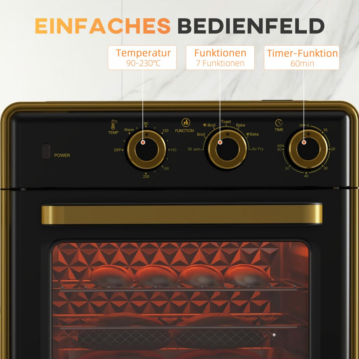 Ein Backofen-Bedienfeld mit Temperatur-, Funktions- und Zeitreglern. Im Inneren backt Brot. Oben stehen deutsche Texte.