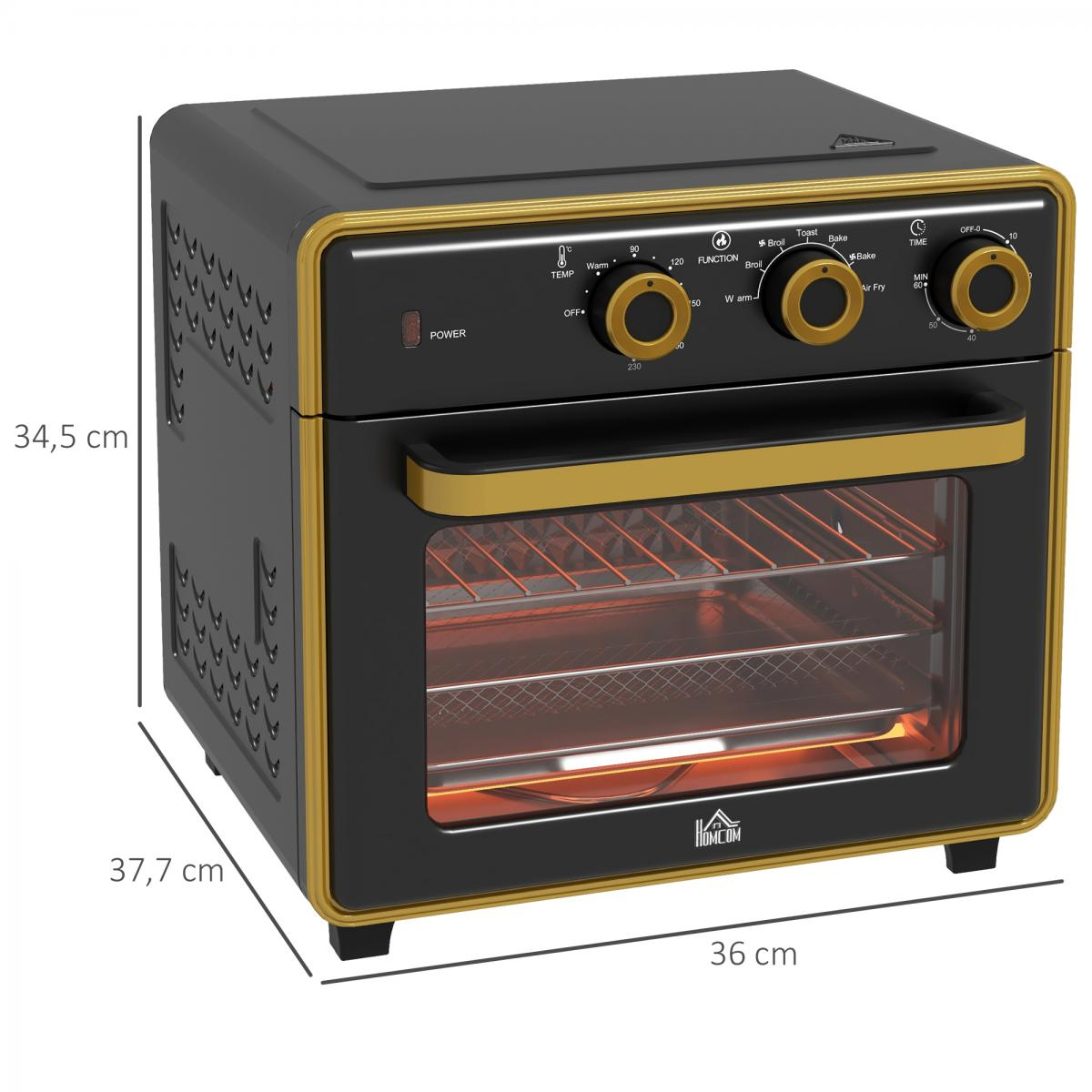 Ein schwarz-goldener Tischbackofen mit Drehknöpfen, einer Glastür mit Innenraum und Regalen sowie angegebenen Abmessungen.