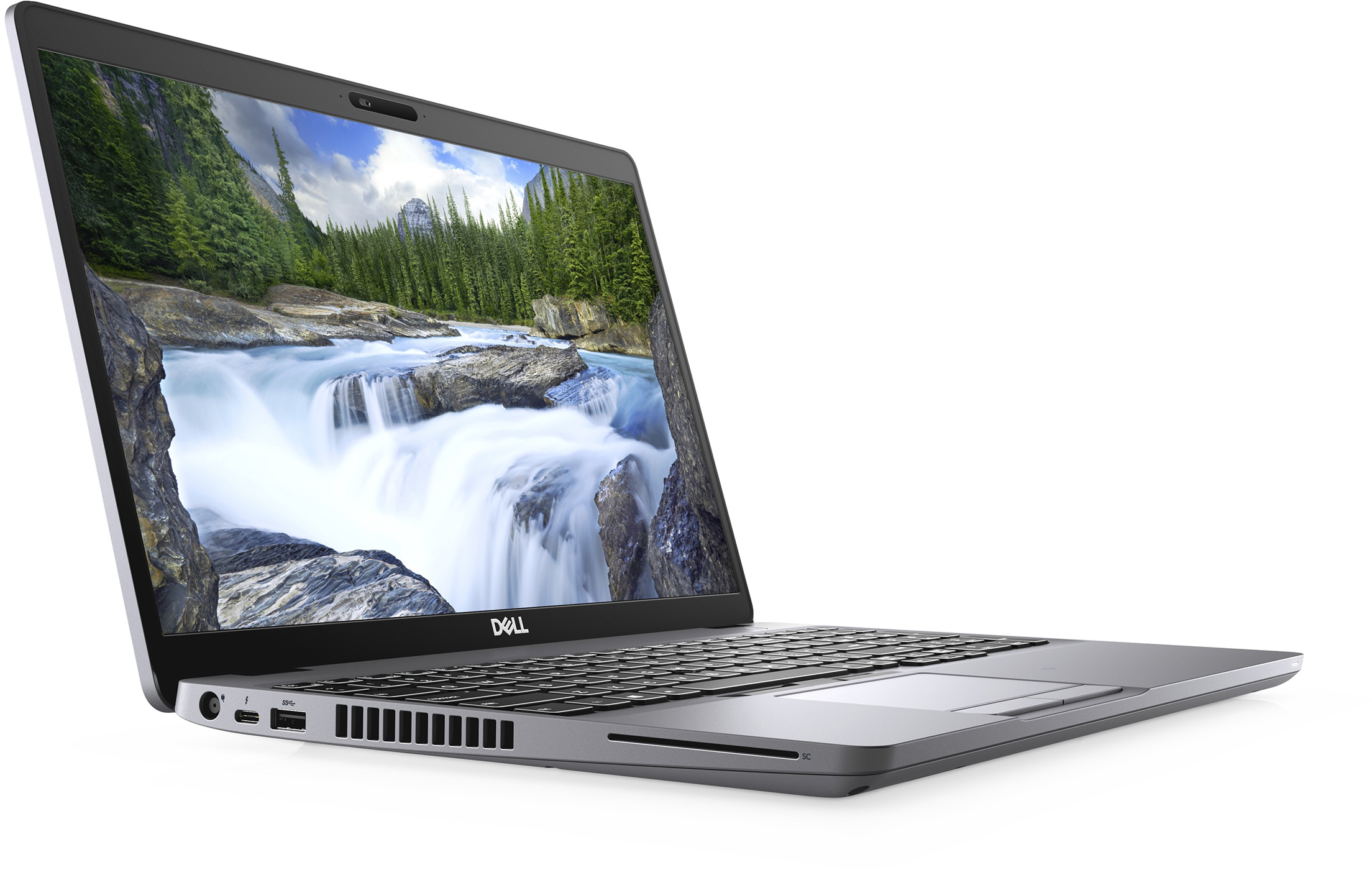 Silver Dell laptop on white background. The screen displays a waterfall scene. The laptop is slightly open.