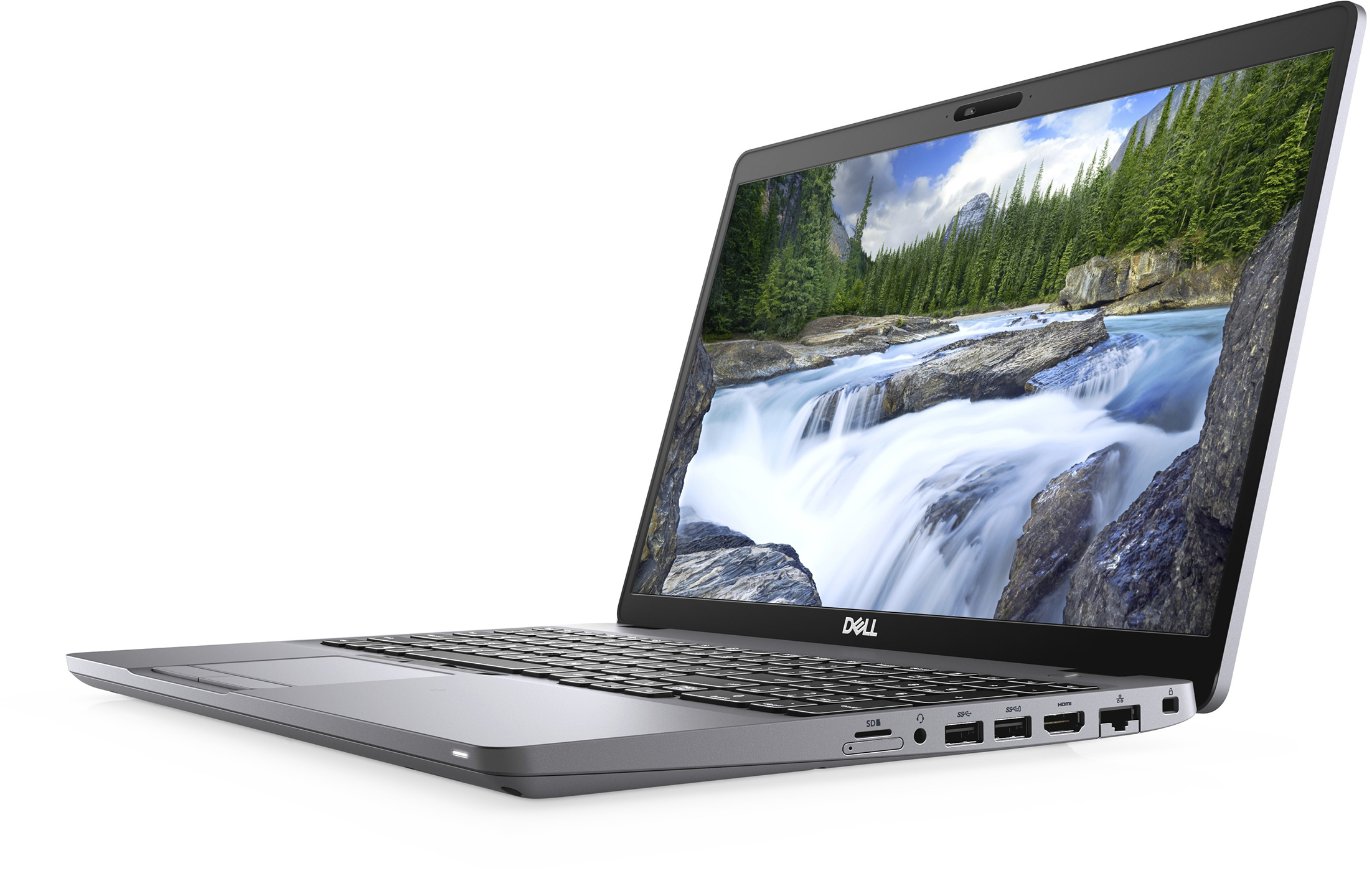 A Dell laptop displays a waterfall scene. The laptop is silver and open, showing the keyboard and screen, against a white background.